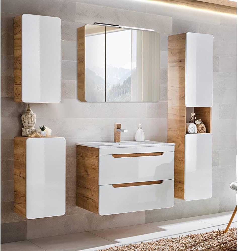 Lomadox Badmöbel Set in Hochglanz weiß mit Wotan Eiche Nb., Keramik-Waschtisch mit 81 cm Unterschrank, LED-Spiegelschrank, Hängeschränke, Hochschrank