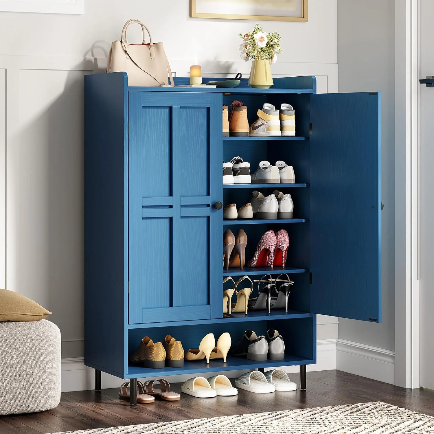 ONBRILL Shoe Storage Cabinet with Cross Molding Doors, 6-Tier Farmhouse Shoe Cabinet