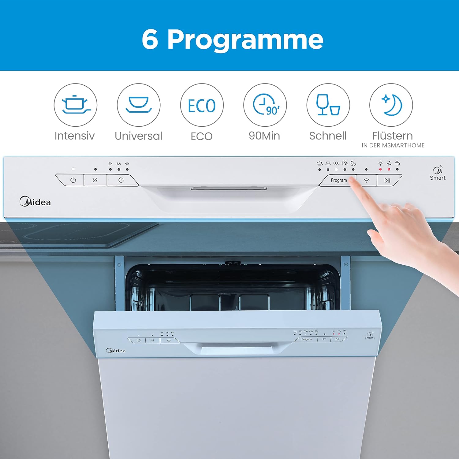 Midea Geschirrspüler Unterbau MDWEU1435XSS-W, 14 Maßgedecke, Spülmaschine 60 cm Teilintegrierbar mit WIFI, Extra Trocknung, 7 Programme, 47dB, 0-24h Startzeitverzögerung, Inox