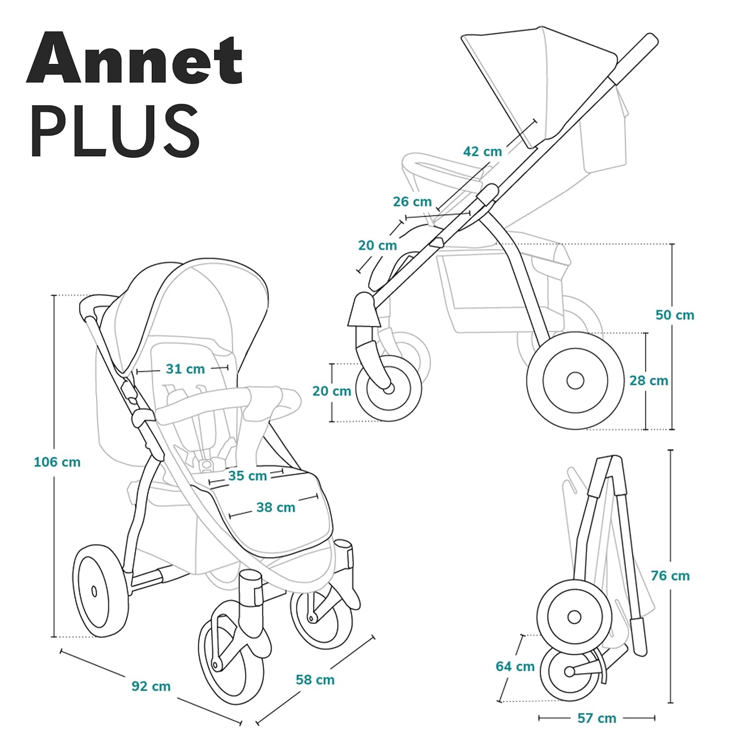 LIONELO Annet Plus Buggy bis 22 kg mit Liegefunktion, Kinderwagen klein zusammenklappbar mit Zubehör, Eva-Schaum-Räder, Moskitonetz, Fußdecke Getränkehalter, Korb