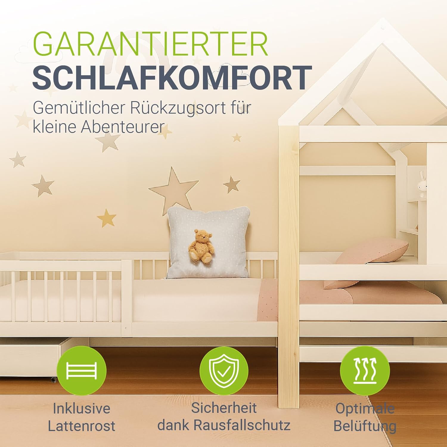 Juskys Kinderbett Yari 90x200 cm - Einzelbett mit Schreibtisch & Schublade, Kiefernholz & Langlebige Materialien, Verspieltes Haus-Design - Weiß/Natur
