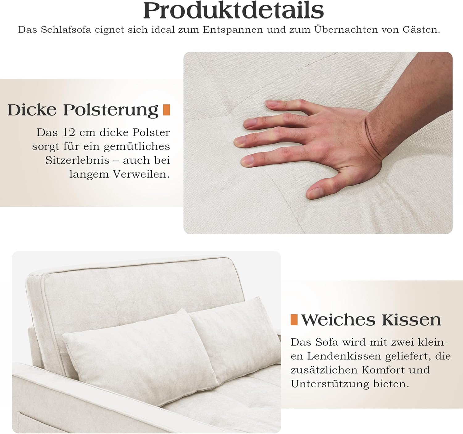 Schlafsofa 186 x 122 cm mit 5-stufig Verstellbarer Rückenlehne, 3-in-1 Schlafcouch mit Kissen und Seitentasche, cremeweißes Leinen-Sofa für Gästezimmer  und  kleine Räume