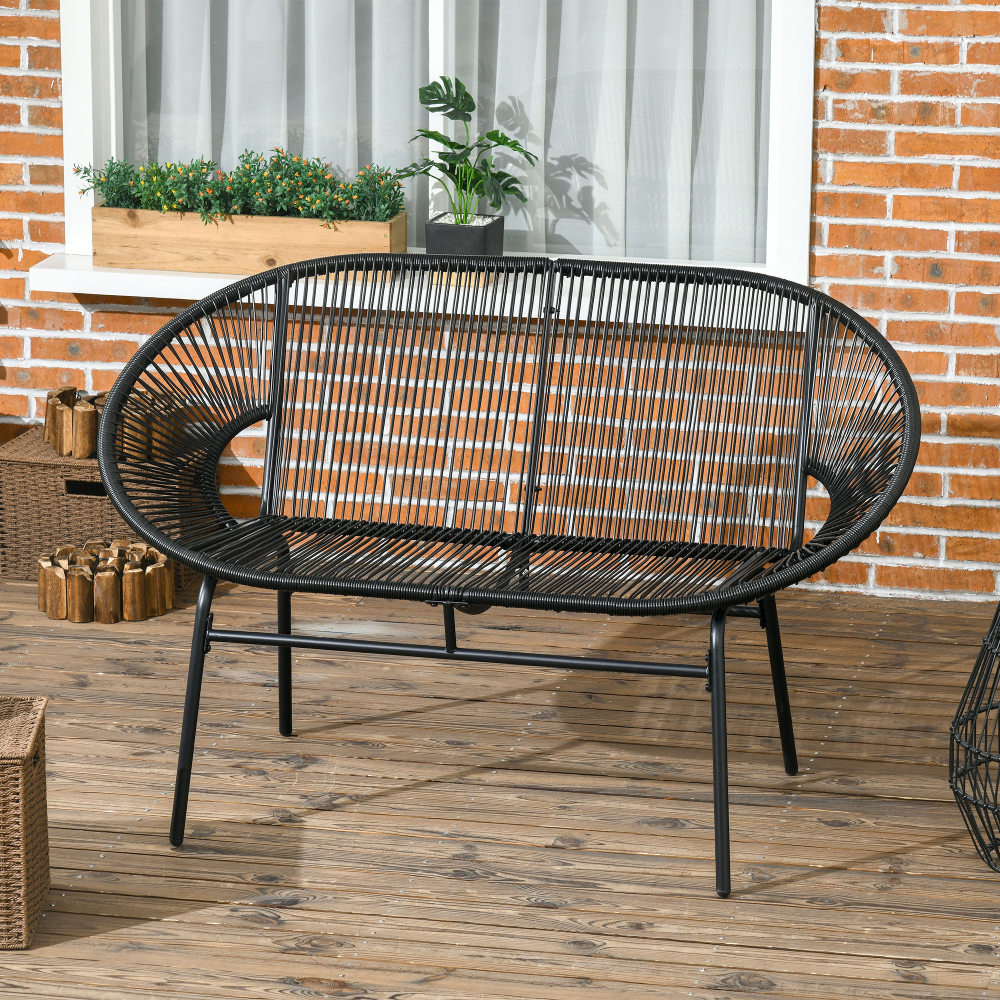 Outsunny Rieten Relaxstoel in Boho-stijl, 132 cm x 72 cm x 83 cm, Zwart