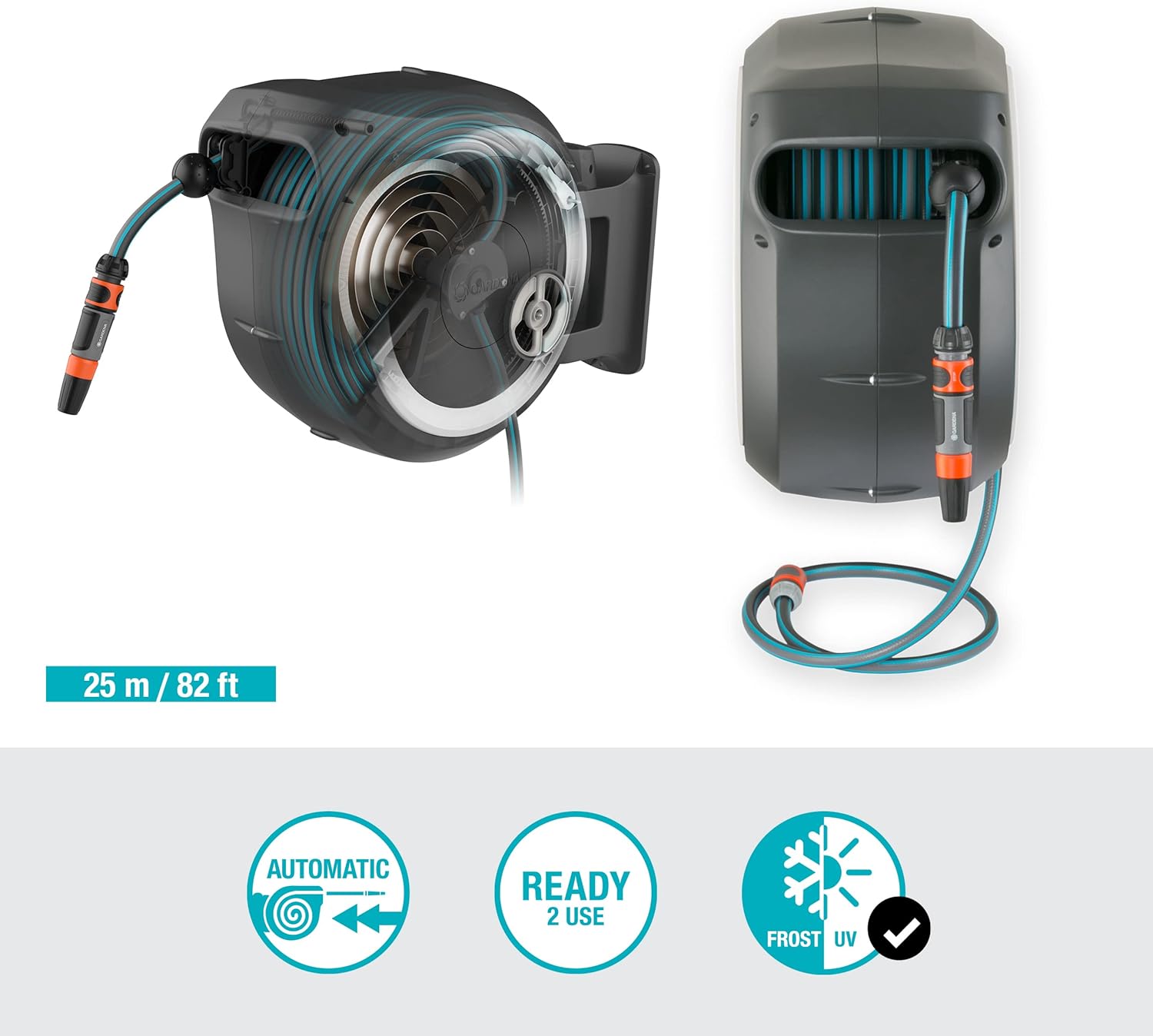 Gardena Wand-Schlauchbox RollUp M/L (weiß) 25 m: flexible Bewässerung für mittelgroße bis große Gärten, Schwenkbare Schlauchbox, inkl. 25 m Gardena Qualitätschlauch und Montagehilfe (18622-20)