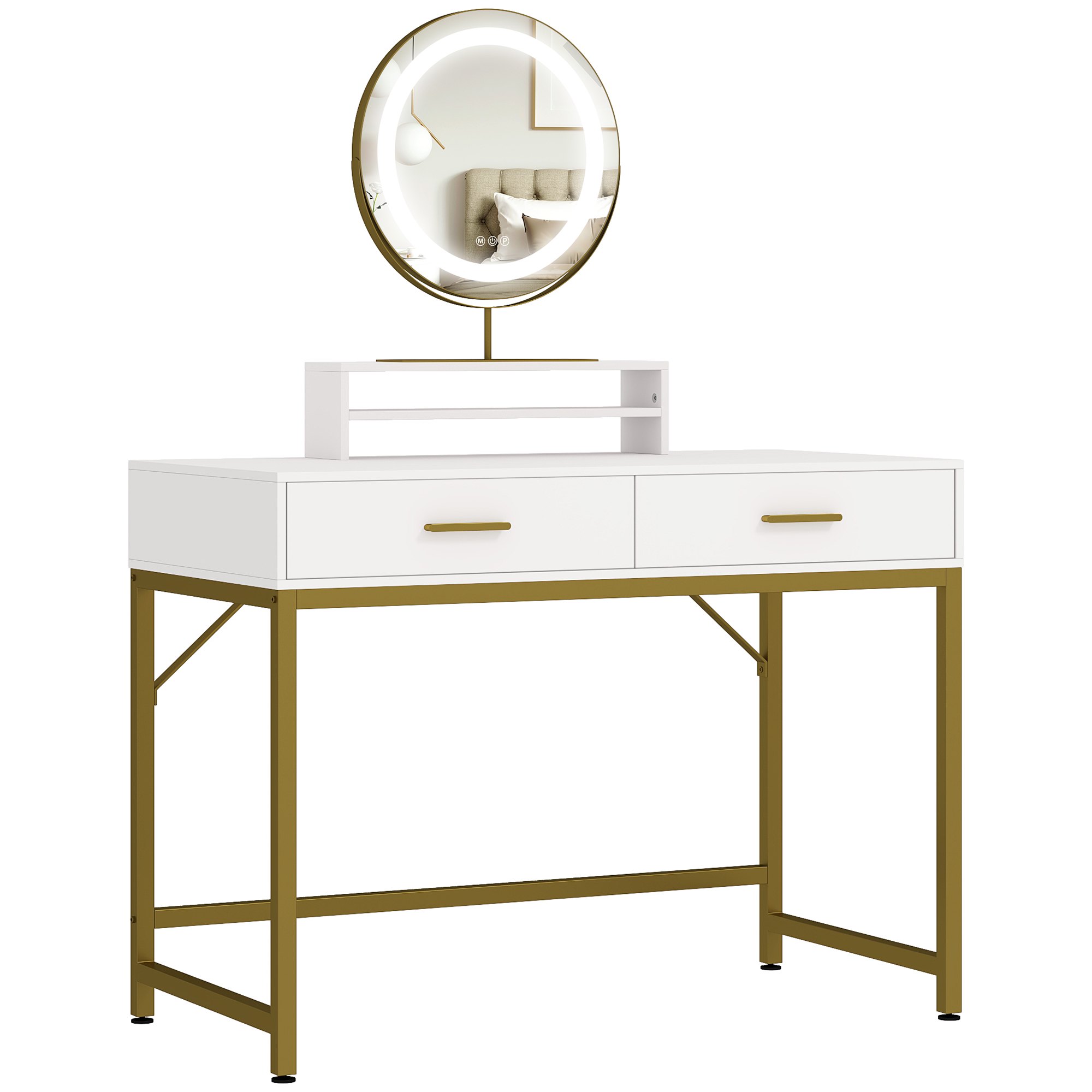 Kaptafel met 360�� Spiegel, LED-verlichting, 2 Laden, Wit/Goud