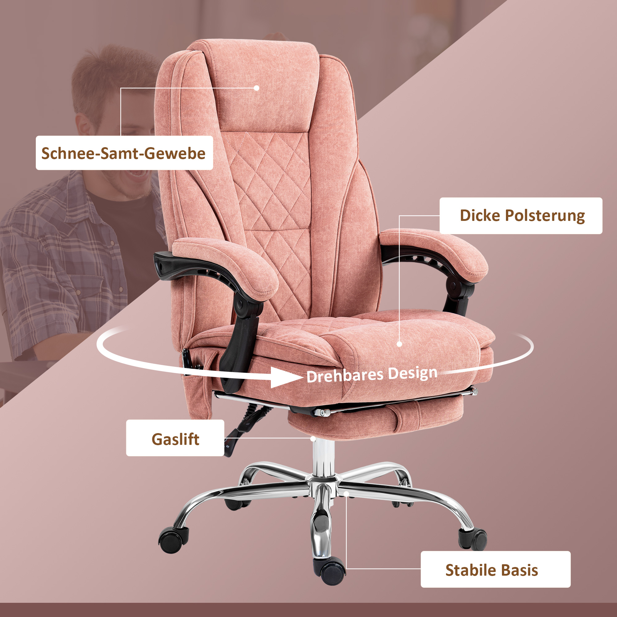 Vinsetto Ergonomische Bureaustoel met Massagefunctie, Voetensteun, Draaibaar, Rolbaar, Roze