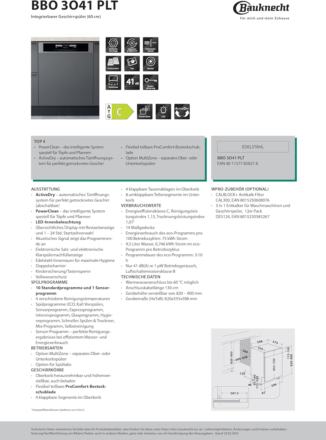 Bauknecht BUO 3O41 PLT X Unterbau-Geschirrspüler 60 cm /14 Maßgedecke /10 Standardprogramme und 1 Sensorprogramm/PowerClean/ActiveDry/Besteckschublade/Vollwasserschutz