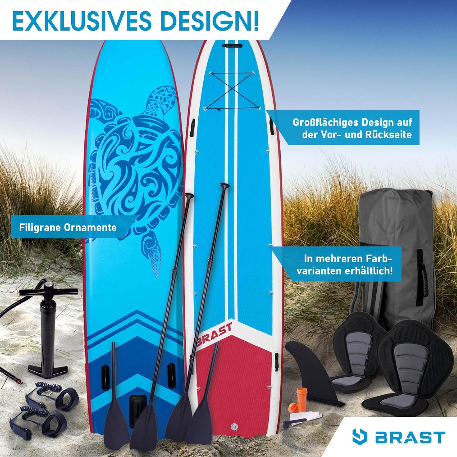 BRAST SUP Board Family | Aufblasbares Stand up Paddle Set XXL | 370x87x15cm bis 210kg | 7 Designs | inkl. Zubehör 2X Kajak-Sitz 2X Fußschlaufe 2X Paddel Pumpe Rucksack
