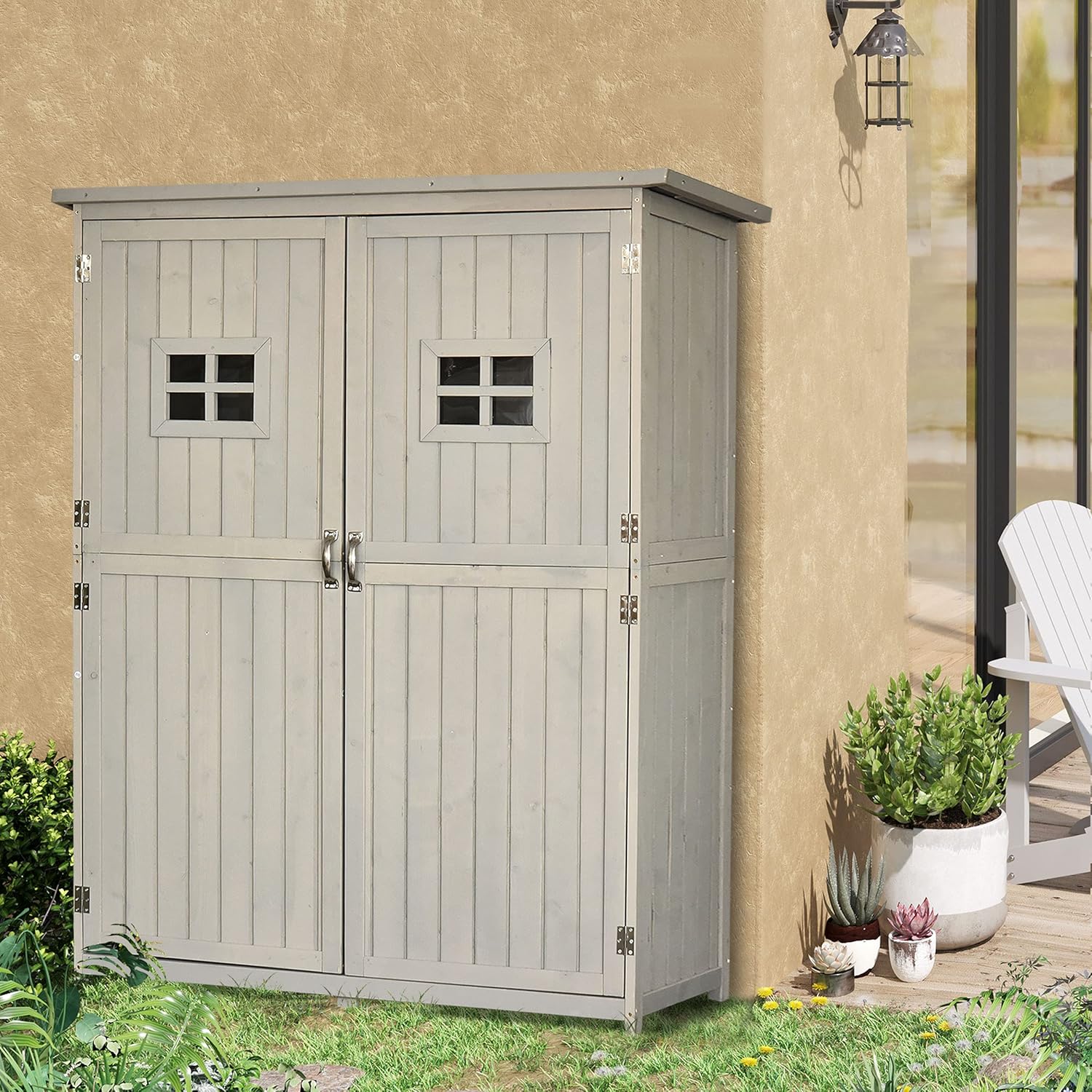 Outsunny Gartenschrank Holz Geräteschuppen Gerätehaus Geräteschrank Pultdach Garten Grau 127,5x50x164cm