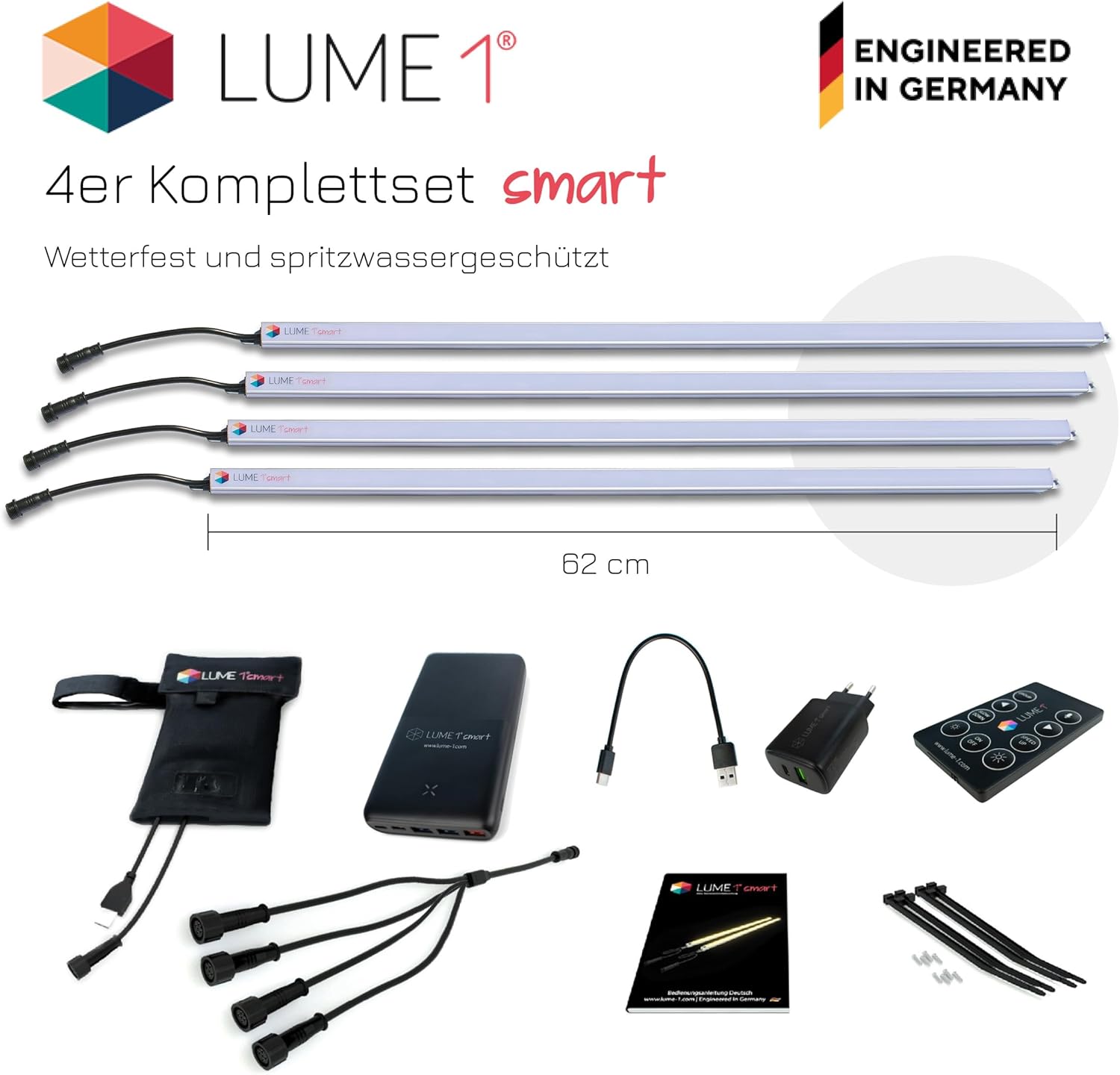 Lume1 Sonnenschirmbeleuchtung mit Fernbedienung, Lampen für Gastronomie, 4 LED Leisten, warmweiß mit 1000 Lumen, 2700 Kelvin, angenehme Beleuchtung, Akku enthalten (smart 4er Set Mo2026)