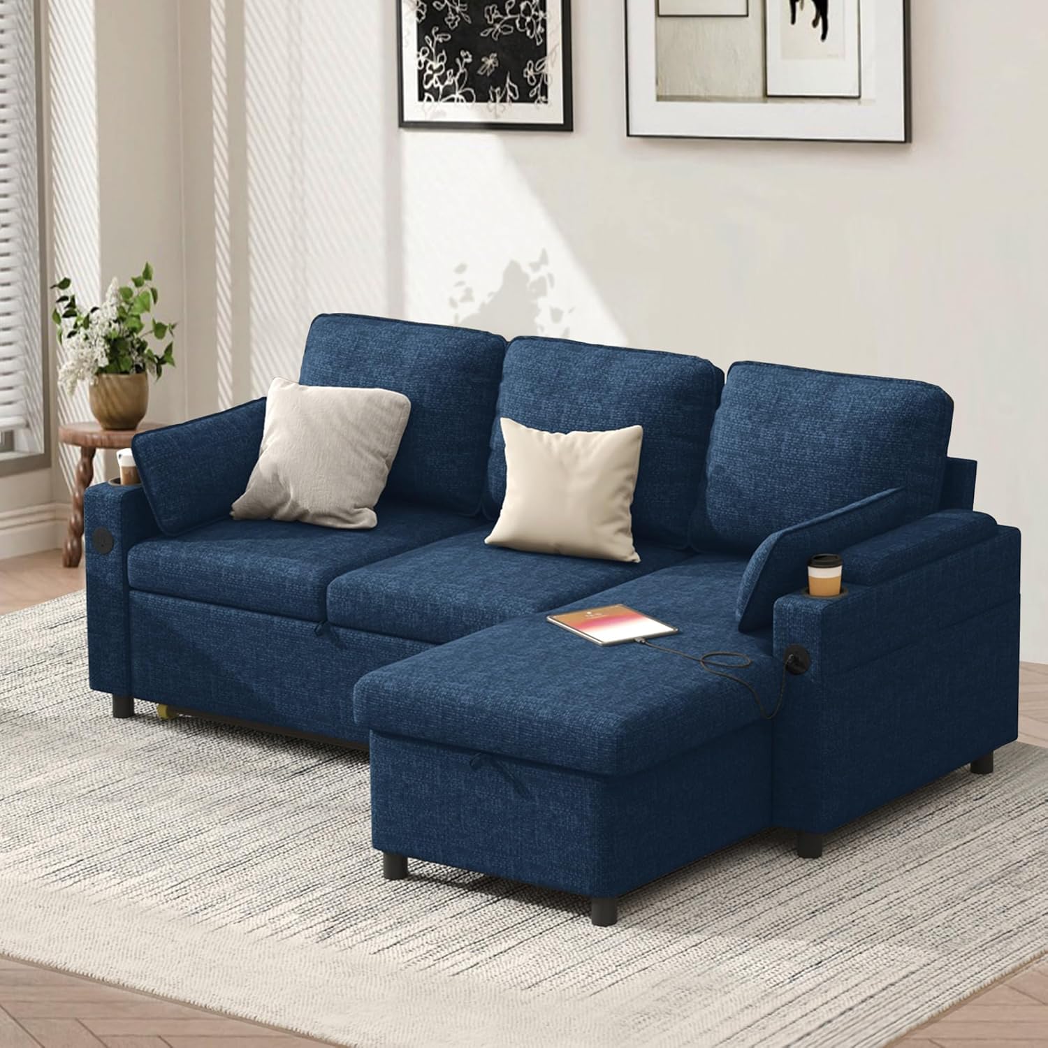 DURASPACE Schlafsofa Ausziehbare Schlafcouch 2-in-1-Wandelbares Ecksofa mit Stauraum, L-förmiges Ecksofa für kleine Räume, Wohnzimmer, Wohnung (Blau)
