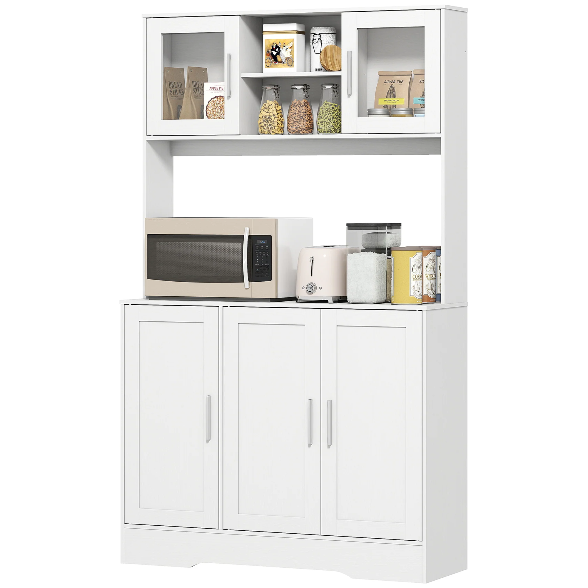 HOMCOM Keukenkast, Scandinavisch Design, 4 Kasten, Verstelbare Planken, Glazen Deuren, Open Vak, Spaanplaat, MDF, Wit
