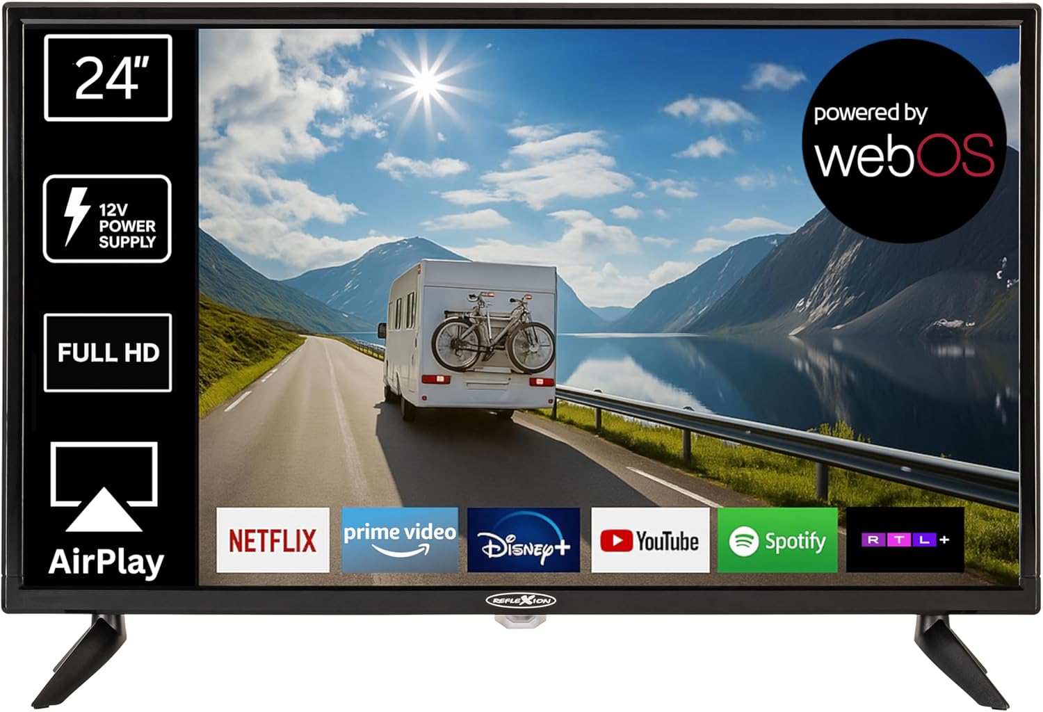 REFLEXION LED24IBT Smart LED Fernseher, LG webOSHub, 60 cm / 24 Zoll, Wohnwagen/Wohnmobil/Camping/Caravan/Boot/LKW TV, 12/230 Volt, Full HD, Triple Tuner, DVB-T2HD, DVB-S2, DVB-C, Bluetooth, WLAN