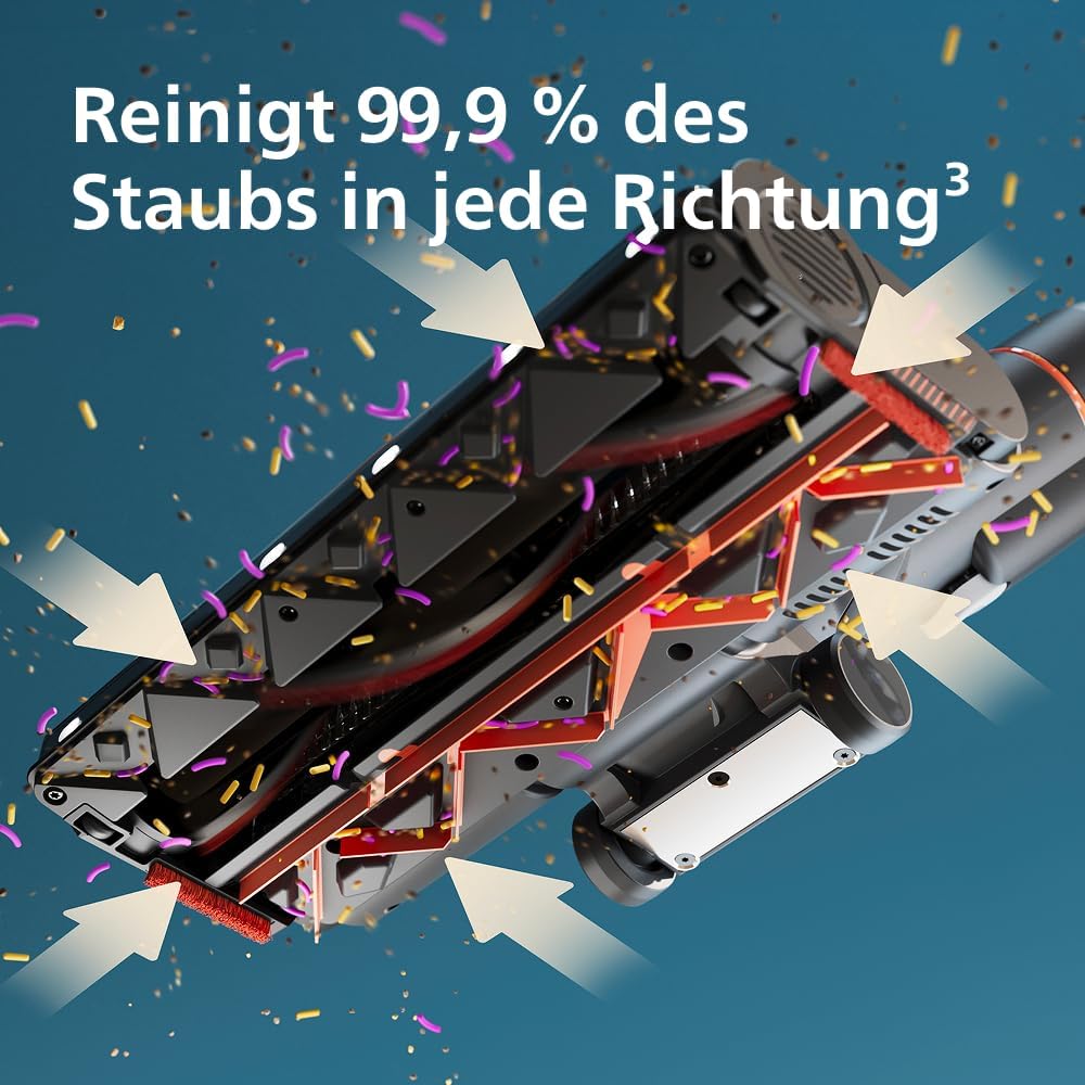 SpeedPro Max Kabelloser Stielstaubsauger 7000 Serie, Für Tierhaare, 360° Kraftvolle Saugkraft, Max. 80 Min., Verwicklungsfrei, Für Teppiche und Hartböden, 4 LED-Aufsätze (XC7065/01)