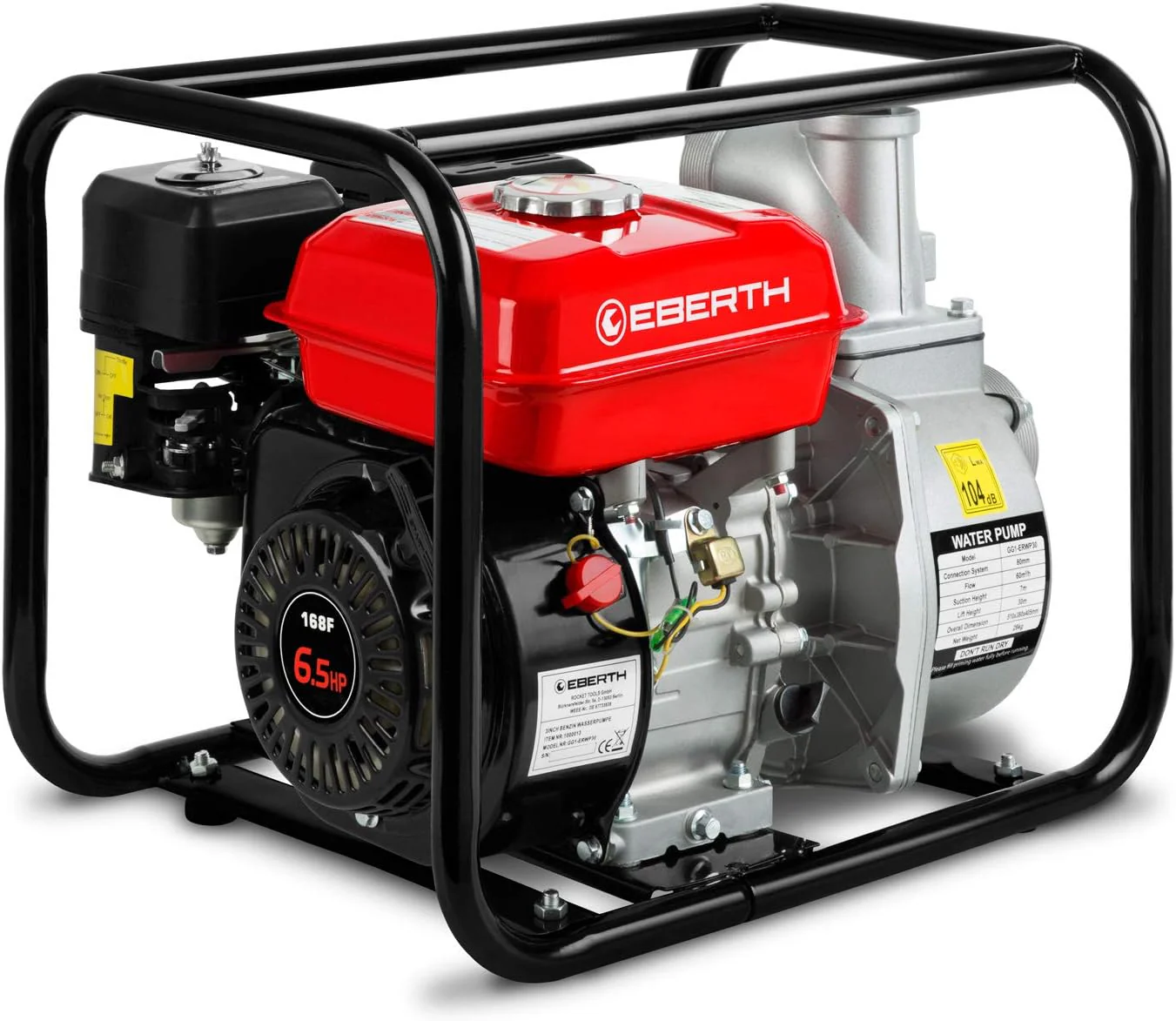 EBERTH 5,5 PK waterpomp met 30.000 l/u en 30 m opvoerhoogte, 2 inch aansluiting, tuin-/vuilwaterpomp met 4-taktmotor en 7 m aanzuighoogte, benzinepomp, trekstarter, metalen voet, handvat