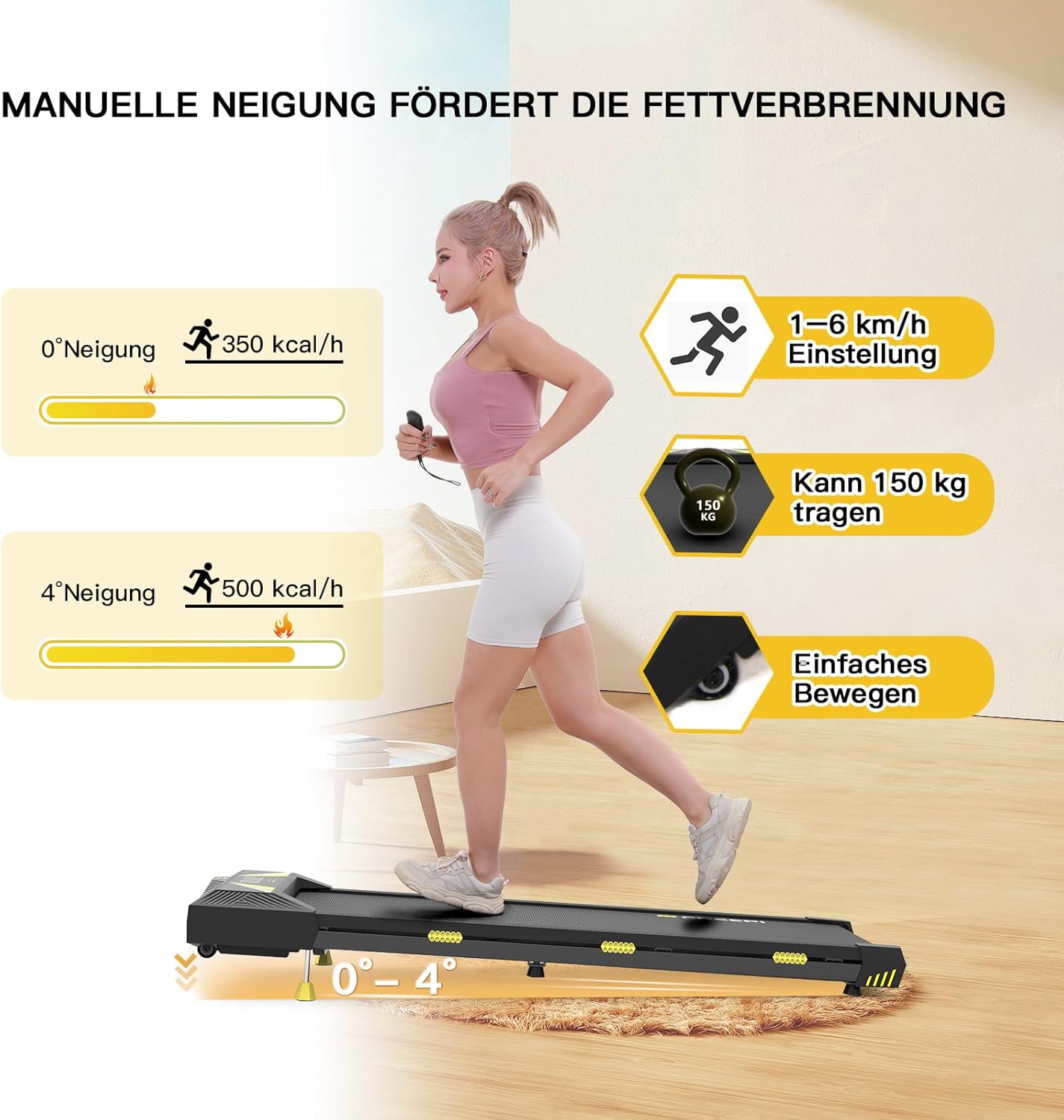 Freepi 4 in 1 Laufband für Zuhause mit Neigung 1-6km/h 2.5PS Motor mit Fernbedienung, Walking Laufband Pad Schreibtisch ragbar Heim-Fitnessgert
