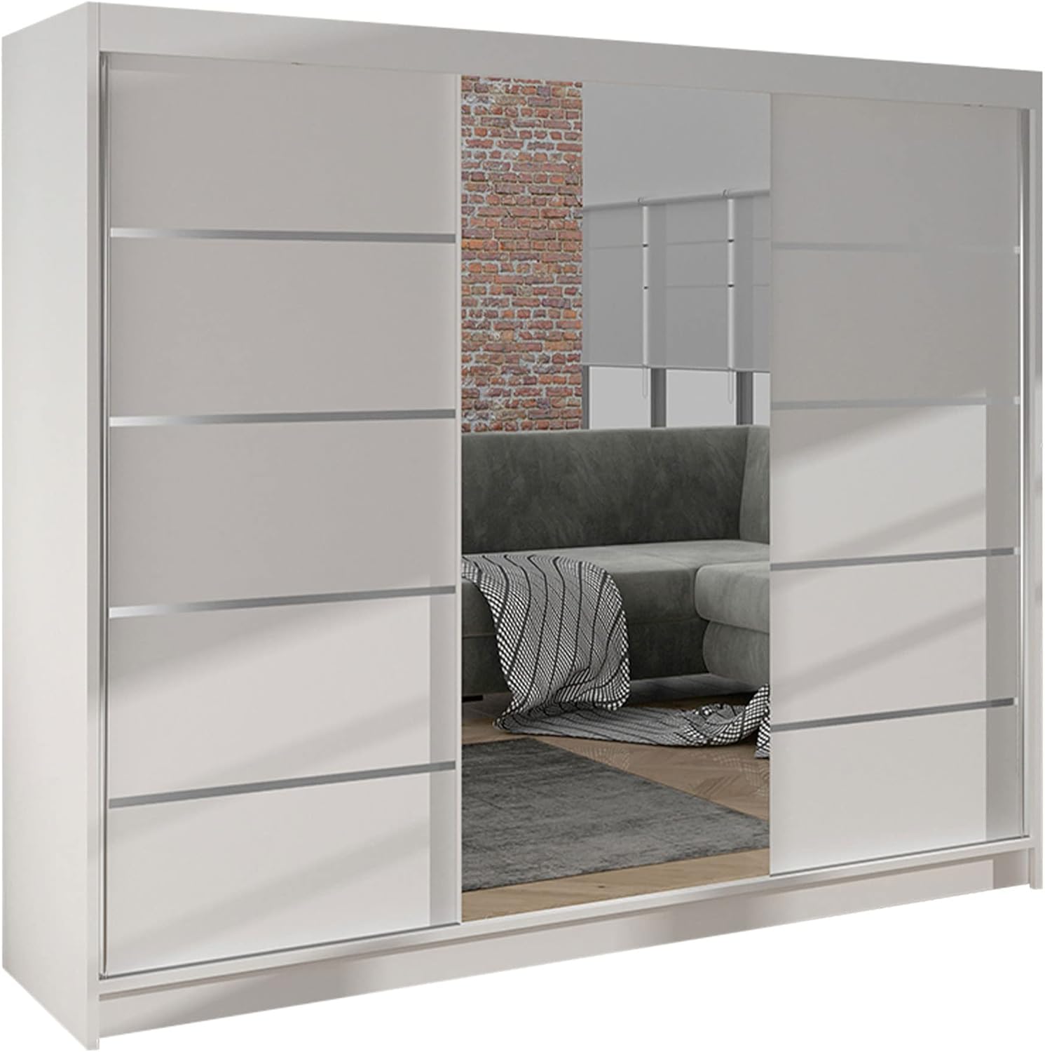 Mirjan24 Kleiderschrank Dotan VI mit Spiegel, Kleiderstange und Fächer, Schlafzimmerschrank, Schwebetürenschrank, Dielenschrank, Garderobenschrank (Weiß/Weiß)