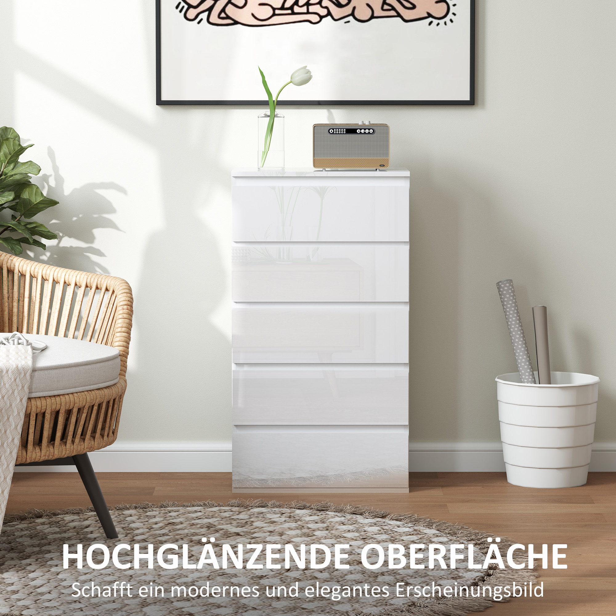 Ladekast Sideboard met 5 Laden, 55 cm x 34 cm x 100 cm, Wit