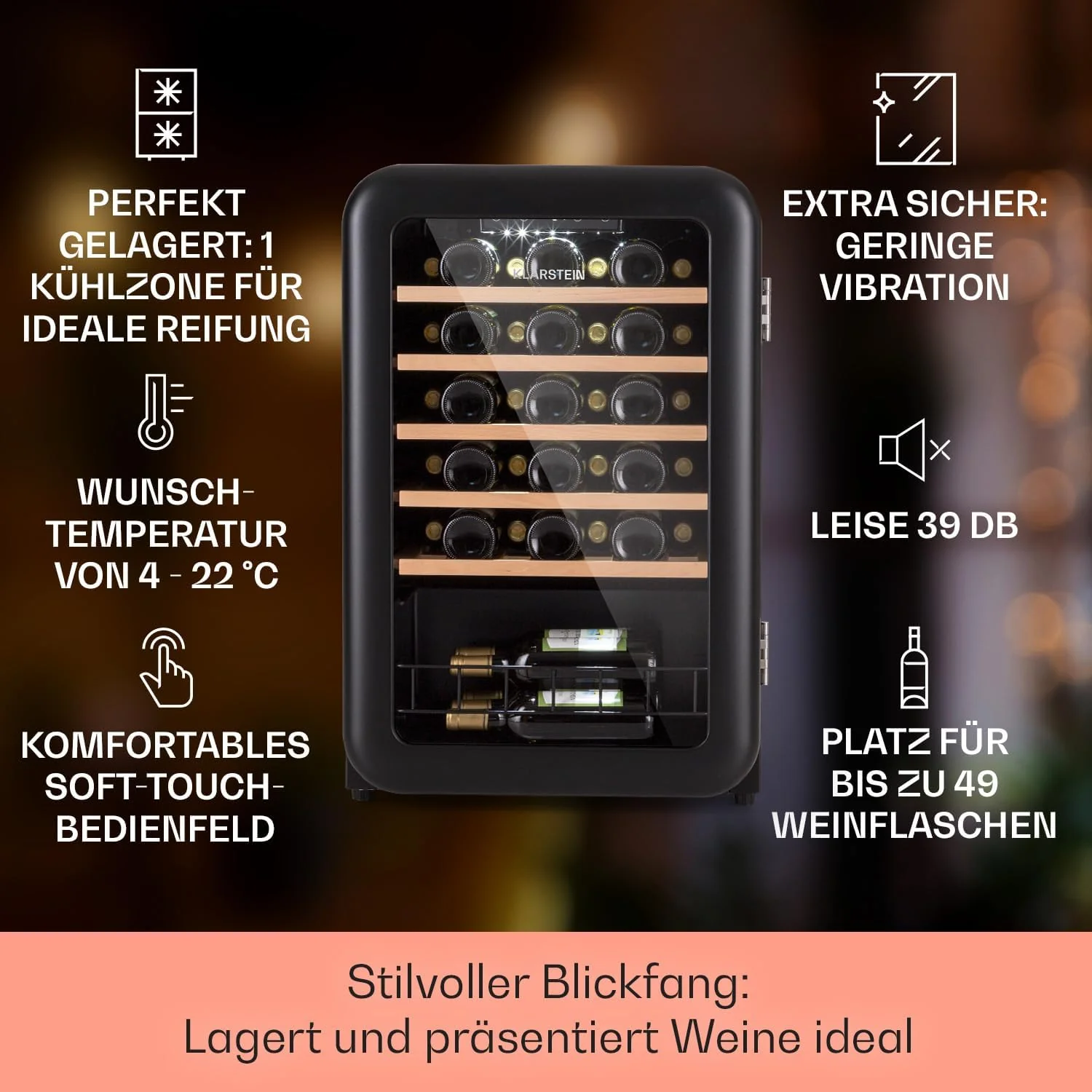 Klarstein Weink��hlschrank, Getr?nkek��hlschrank Schmal, K��hlschrank mit Glast��r, Getr?nkek��hlschr?nke Freistehend, Weink��hlschrank Klein, Weink��hlschr?nke 1 Zone, UV-Schutz, 4-22 ��C, 19 Flaschen