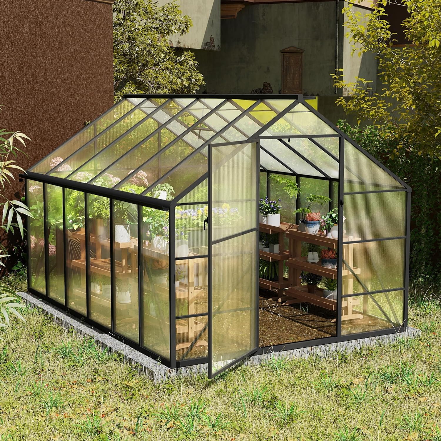 LZQ Gartengewächshaus Aluminium mit Fundament 380x250x205 cm Gewächshaus Pflanzenhaus mit Schiebetür und Dachfenster Treibhaus Gartenhaus Winterfest Aufzucht Tomatenhaus (8x12 ft)