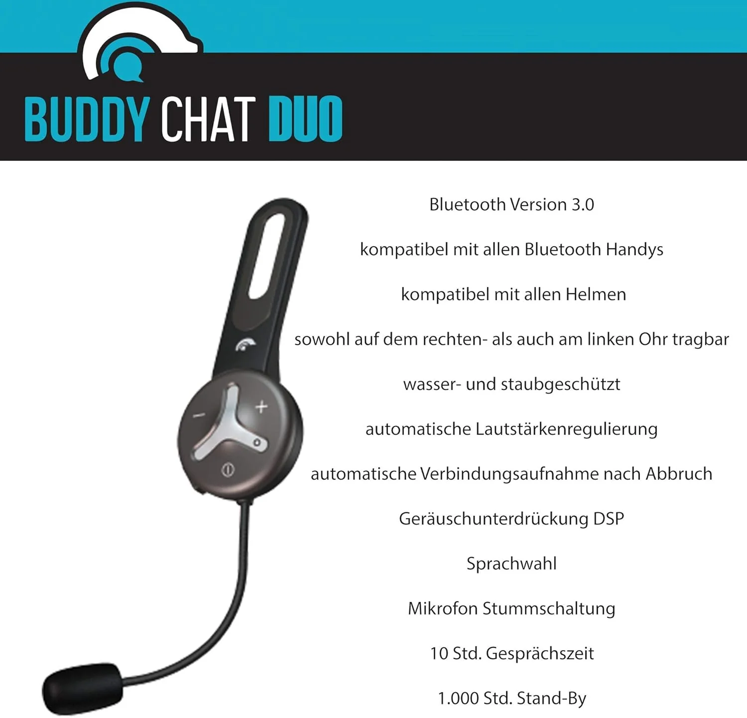 BuddyChat Duo (set van 2) Bluetooth Fiets Sport Ski Werk Intercom Helm Headset, Handsfree Portofoon, Intercomsysteem, DSP-ruisonderdrukking, bereik tot 1000m
