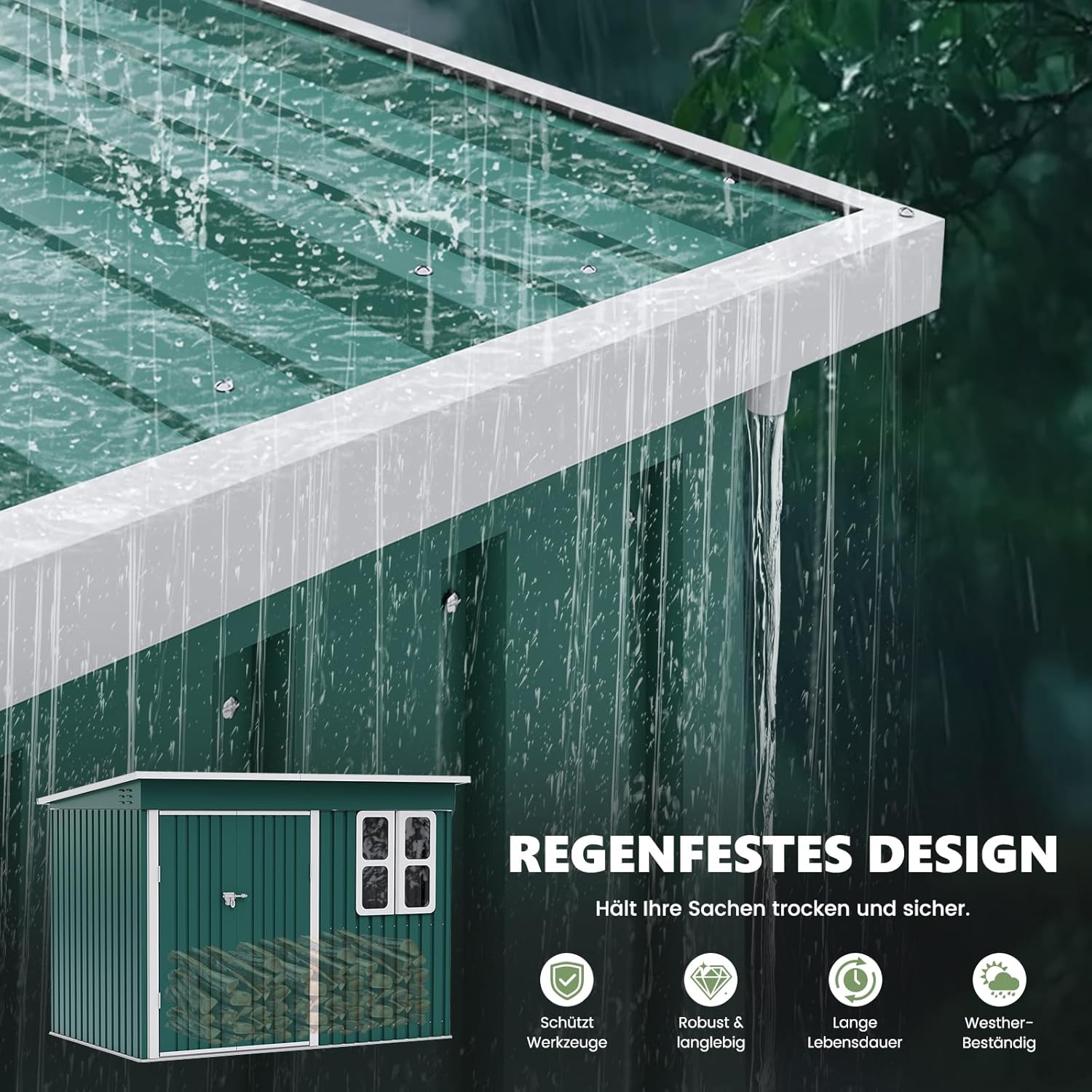 UDPATIO Gartenhaus Metall 260 x 176 x 190 cm mit Fenster, abschließbarer Tür und Belüftung, Fahrradgarage mit Pultdach, Geräteschuppen für Werkzeuge, Ausrüstung, Wasserdicht, Verzinkter Stahl, Grün