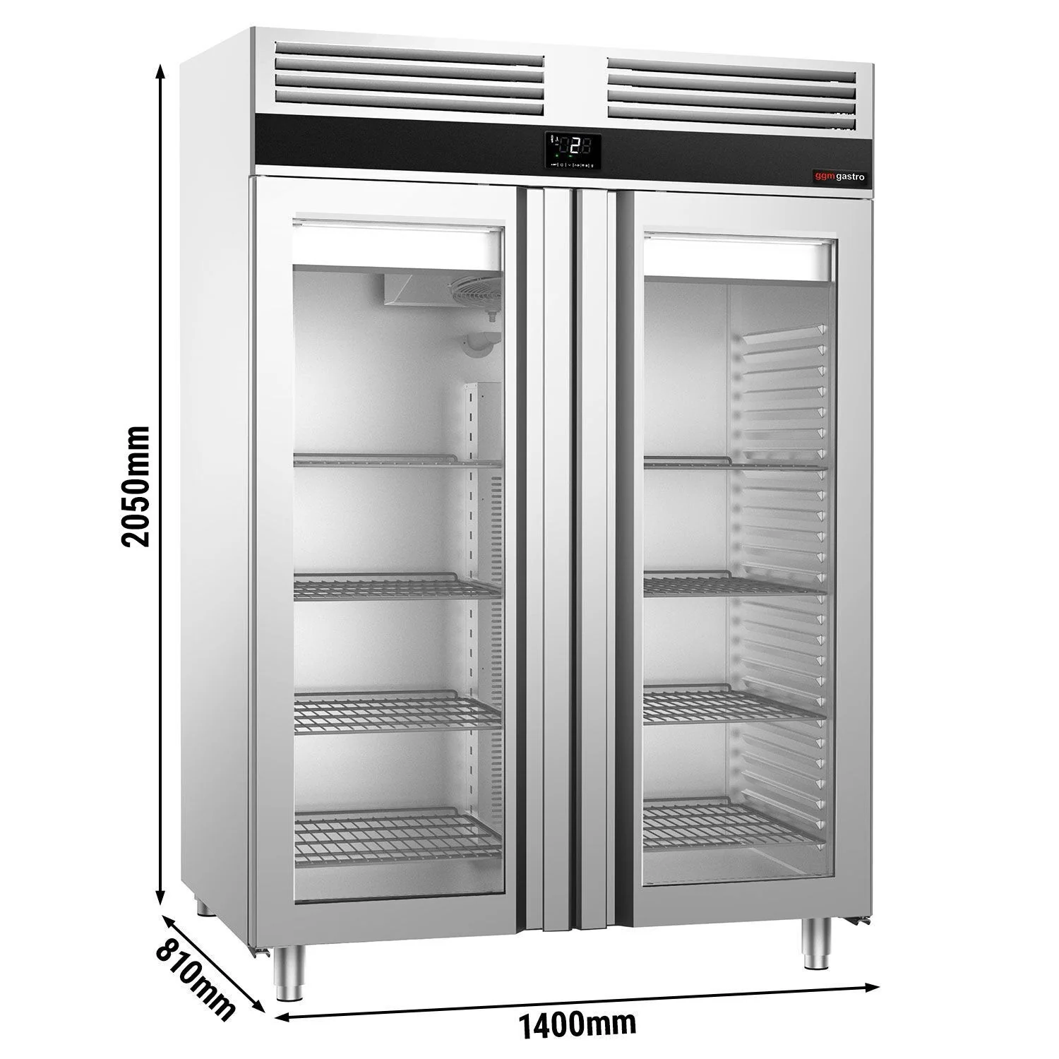 Kjøleskap i rustfritt stål PREMIUM - GN 2/1 - 1 400 l - -2 °C til +8 °C - med 2 glassdører