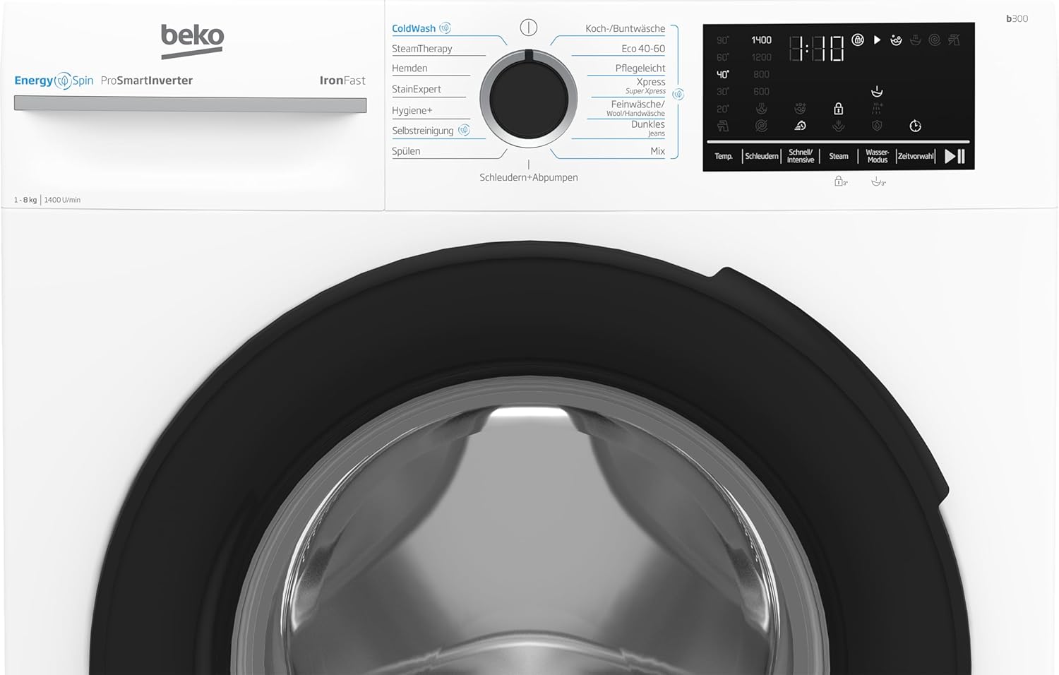 Beko B3WFU58415W1 b300 Waschmaschine, 8 kg, Waschvollautomat, Restzeitanzeige, Schleuderwahl, 1400 U/min, Dampffunktion, AddXtra-Nachlegefunktion, Bluetooth, Hygiene+ allergikergeeignet, Weiß
