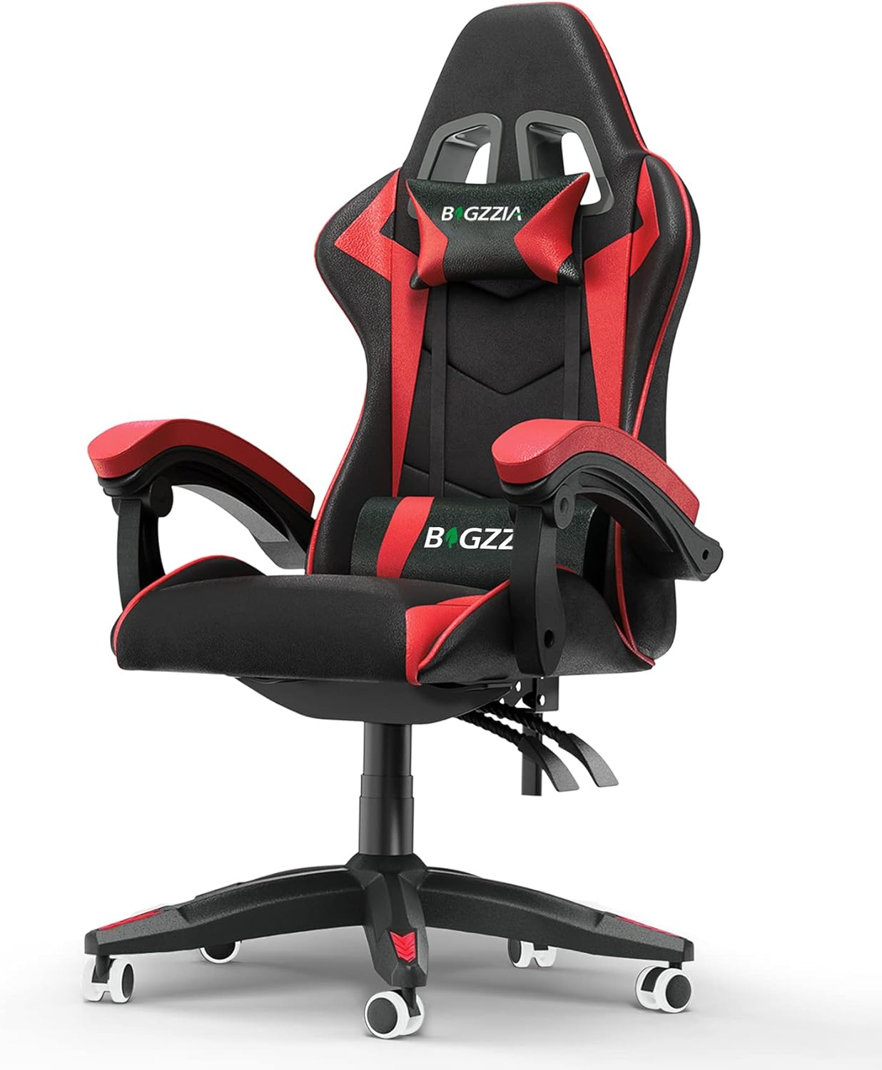 2025 Bigzzia Gamingstoel voor Bureau met Hoge Rugleuning, Verstelbaar Leder, Draaibaar met Wielen, Ergonomisch met Hoofdsteun en Lendensteun (Zwart/Rood)