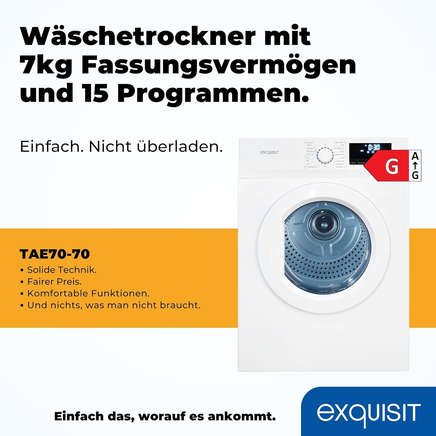 Exquisit Wäschetrockner 7kg, Trockner, Startzeitvorwahl, Knitterschutz, Ablufttrockner, 15 Programme, Kindersicherung, Energieklasse G, TAE70-70 weiss