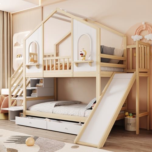 Kinderbett Etagenbett 90x200, Hochbett Hausbett mit Rutsche&Aufbewahrungsleiter&2 Schubladen&Fenstern&Dach, Stockbett Doppelbett Holzbett mit Lattenrost&Rausfallschutz, Kiefer,Ohne Matratze,Holzfarbe