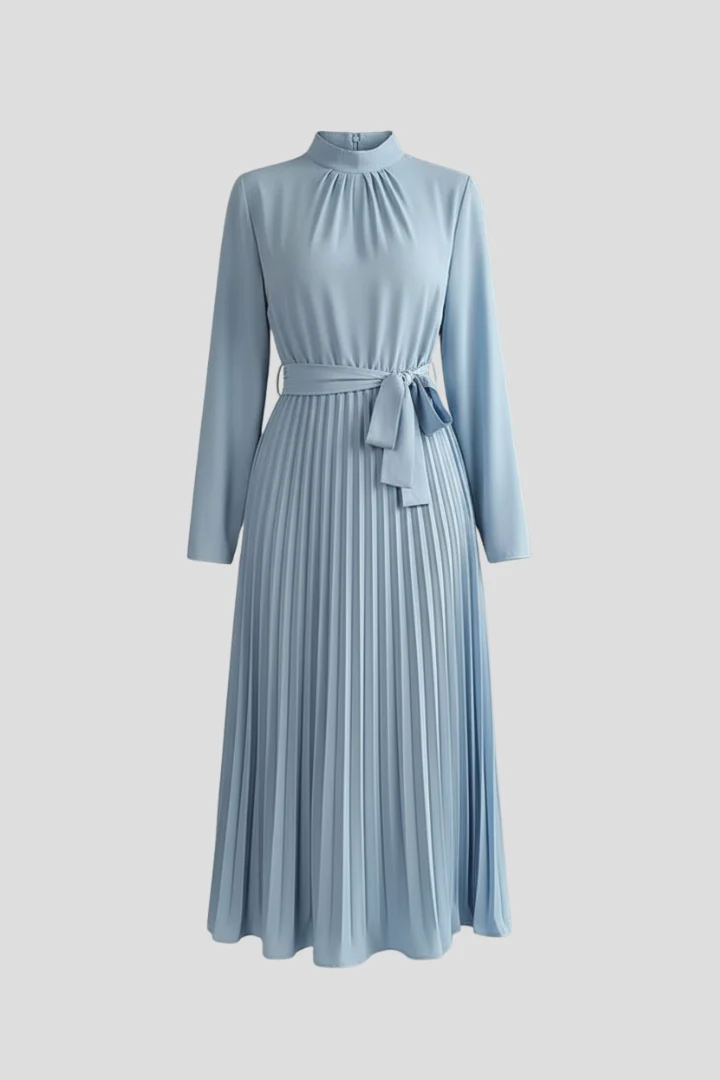 Damen-Plisseekleid mit langen ?rmeln und Taillenband