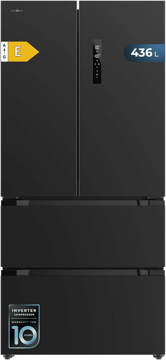 Cecotec Réfrigérateur Congélateur porte française Bolero CoolMarket FD 436 Dark E. 436 L, Total No Frost, Multi Airflow y compresseur inverter para ahorro energético.
