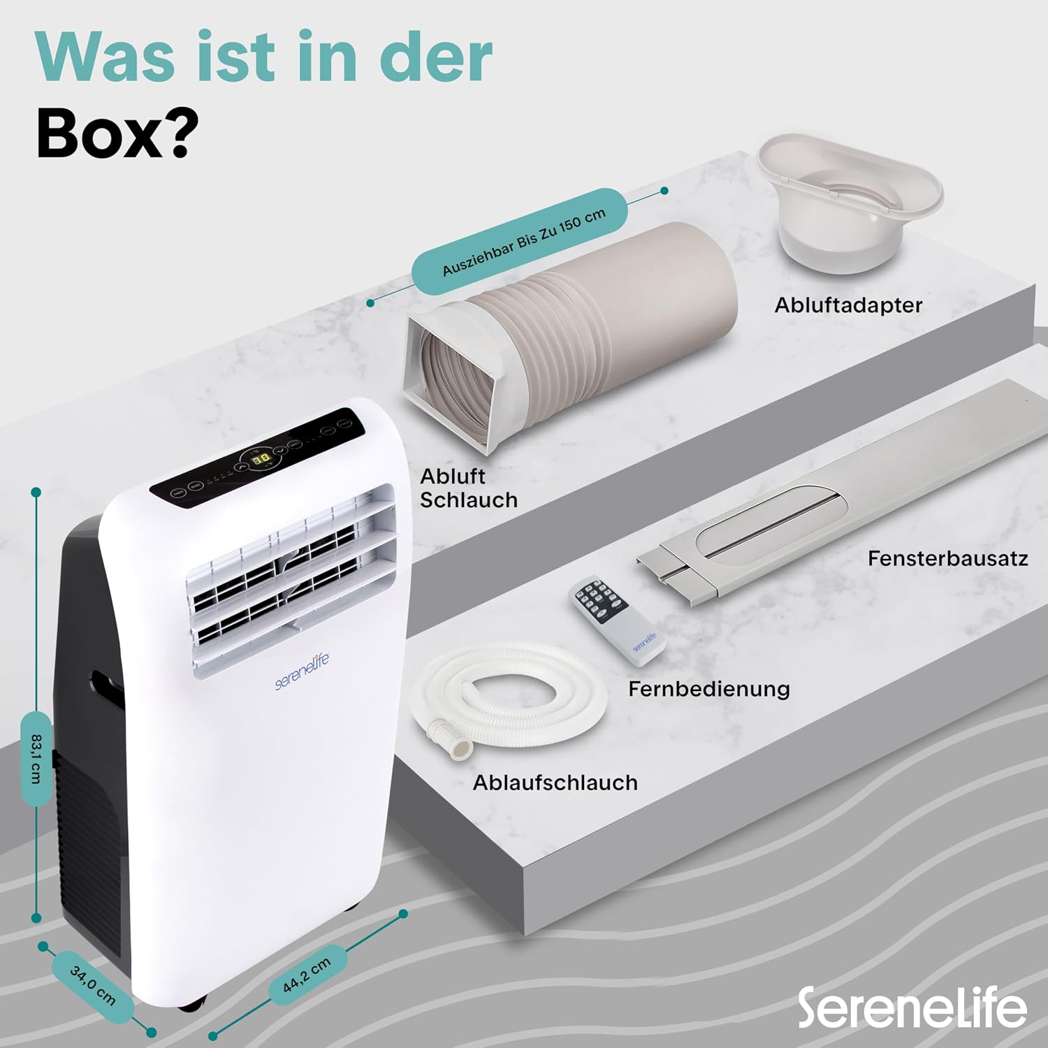SereneLife Mobile Klimaanlage 2,6 kW 7000 BTU – L52 dB Leises Klimagerät für Schlafzimmer bis 28 m², Angenehme Kühlung an heißen Tagen, mit Entfeuchter, Lüfter & Fernbedienung