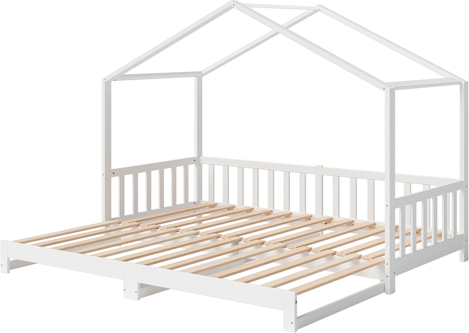 Bellabino Kinderbett Bia 140x200 cm, Hausbett Kinder inkl. Rausfallschutz und Rolllattenrost, Montessori Bodenbett weiß aus Massivholz Kiefer