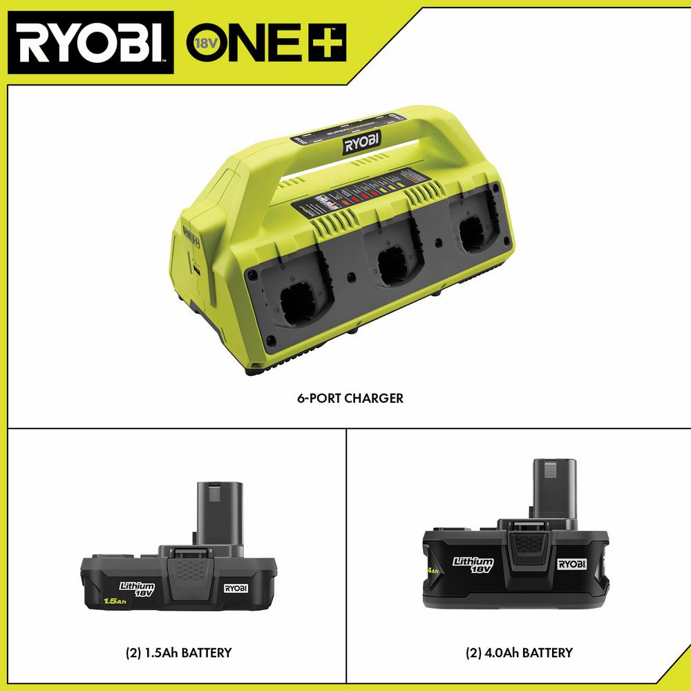 RYOBI ONE+ 18V Super Oplaadset met (2) 1,5 Ah Batterijen en (2) 4,0 Ah Batterijen