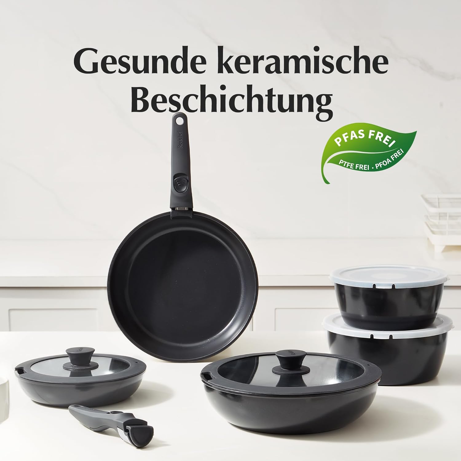 Redchef Topfsets Pfannenset 16-Teilig Antihaft-Keramik-Kochgeschirr-Set mit Abnehmbaren Griffen, Pfanne 20/26cm, Tiefe Bratpfanne 26cm, Topf 18/20cm, Stapelbar Topfset Für alle Herdarten, Ofenfest