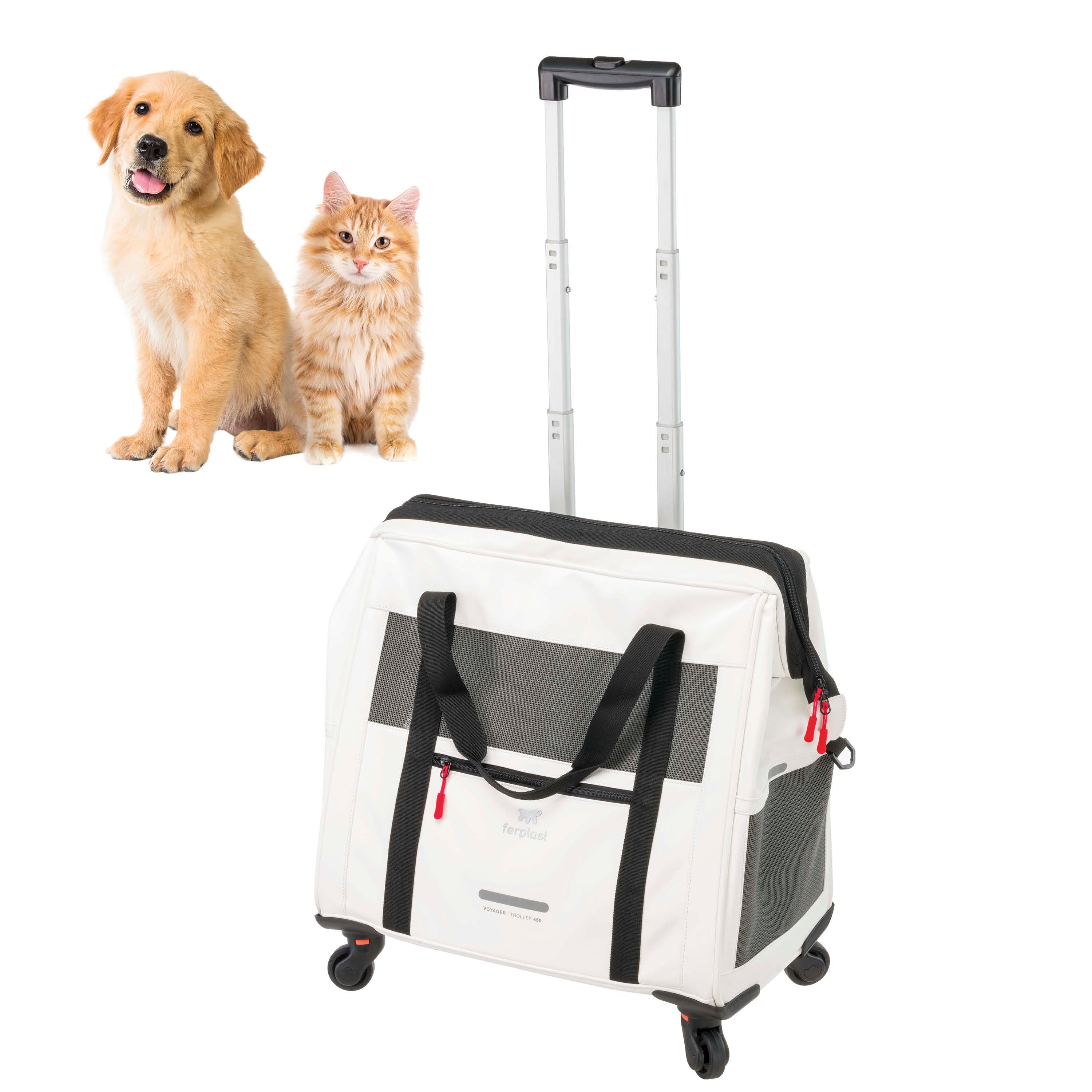 2025 Voyager Trolley van Ferplast �C stijlvolle, lichte trolley van kunstleer voor katten en kleine honden tot 15 kg. Met wieltjes, gaasramen en veiligheidsriem �C perfect voor comfortabel reizen.