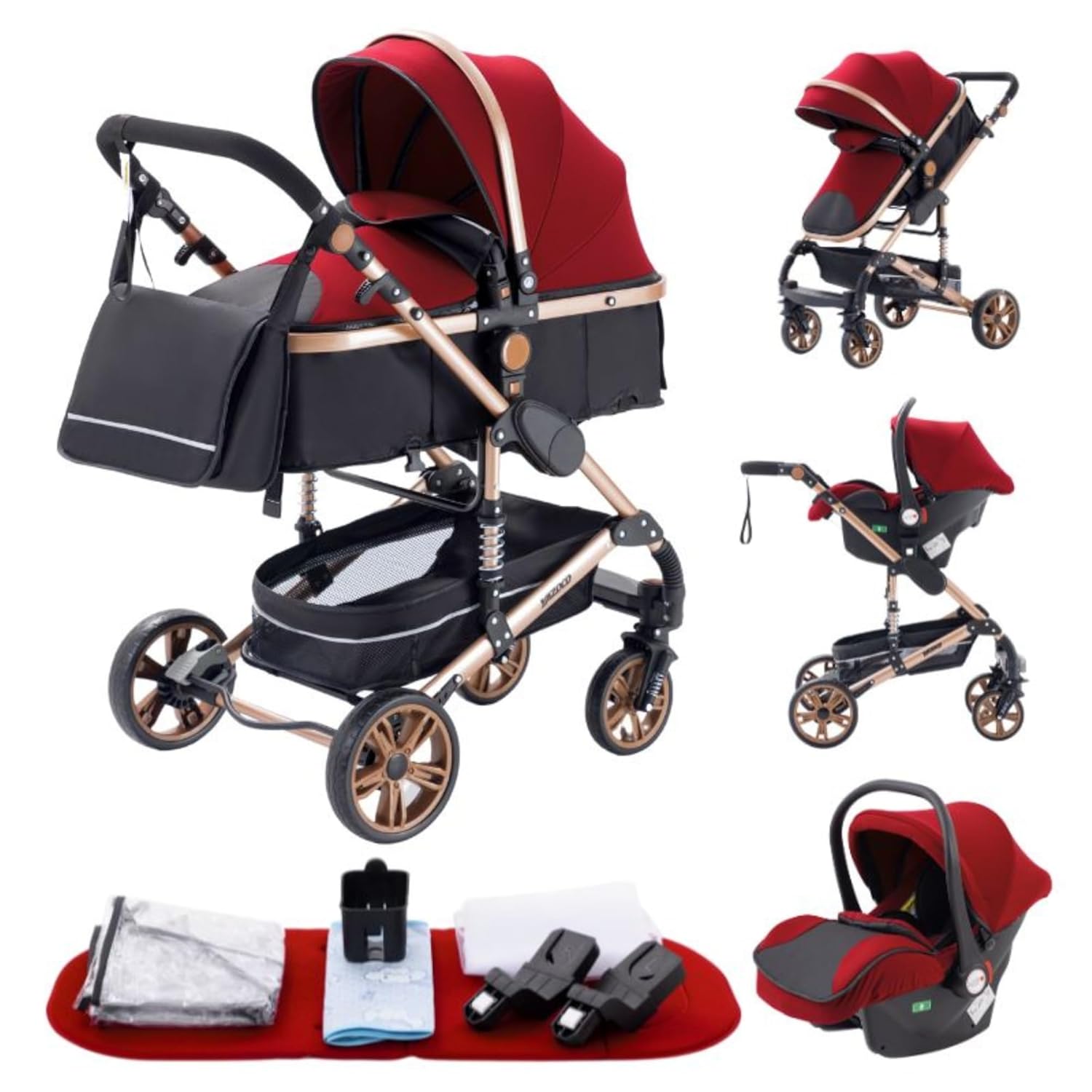 YAZOCO kinderwagen 3 in 1, Zusammenklappbar kinderwagen mit Wickeltasche,Komplettset Becherhalter,Moskitonetz, Fußabdeckung,Sitzzubehör (4 Rosa)