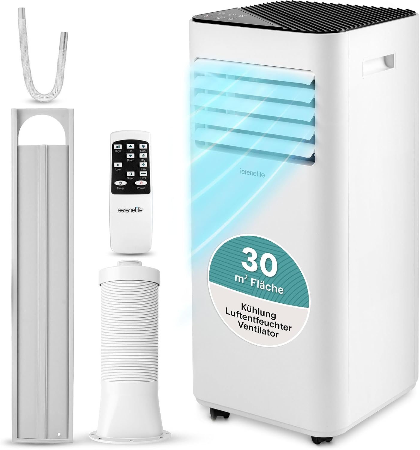 SereneLife Weiß Mobiles Klimagerät 9000 BTU 2,64kW für 28 m² – Air Conditioner mit Abluftschlauch, 3-in-1 mit Entfeuchter und Ventilator, Leise 54 dB, inkl. Fensterkit und Fernbedienung