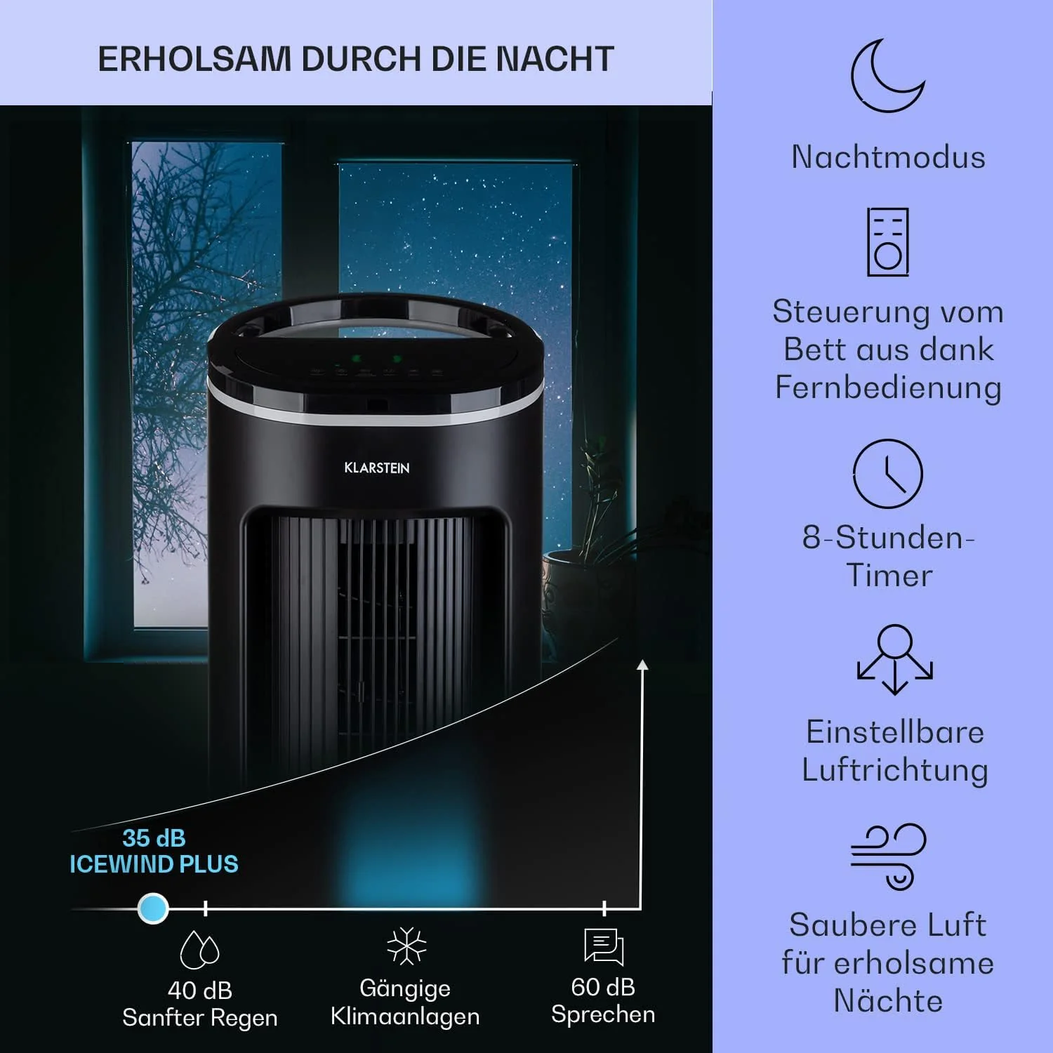 Klarstein Luftk��hler mit Wasserk��hlung, Leiser 4-in-1 Verdunstungsk��hler, Luftbefeuchter, Ventilator & Nachtmodus, Mobile Klimager?te Luftk��hler 7L, 65W Air Cooler, 330m3/h K��hlender Luftstrom