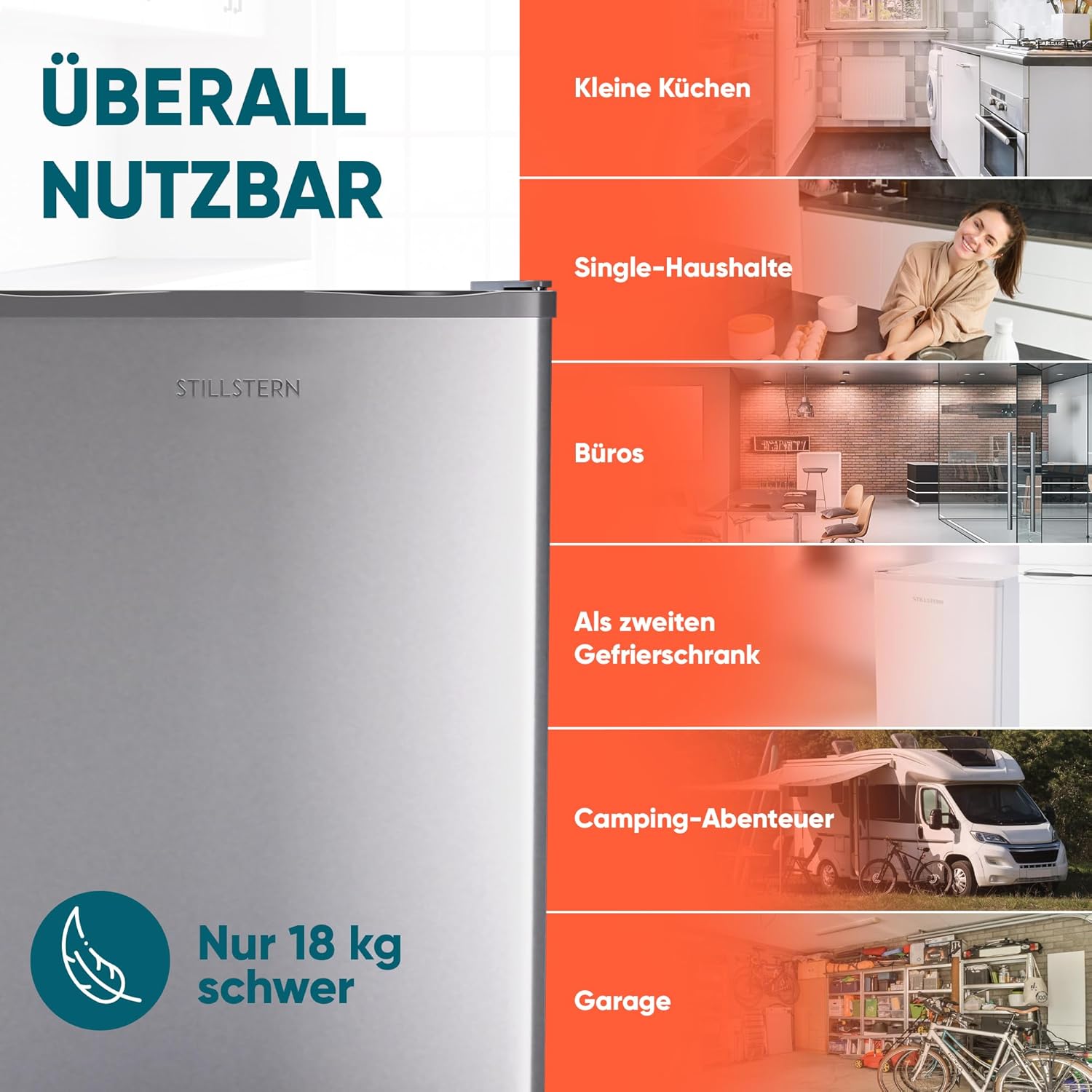 Stillstern Mini Gefrierschrank (42L) -18°C, Eiswürfelschale, Schloss, Türanschlag wechselbar, 4-Sterne Tiefkühlschrank für Camping/Büro Gefriertruhe Klein Gefrierschrank Klein Tiefkühltruhe