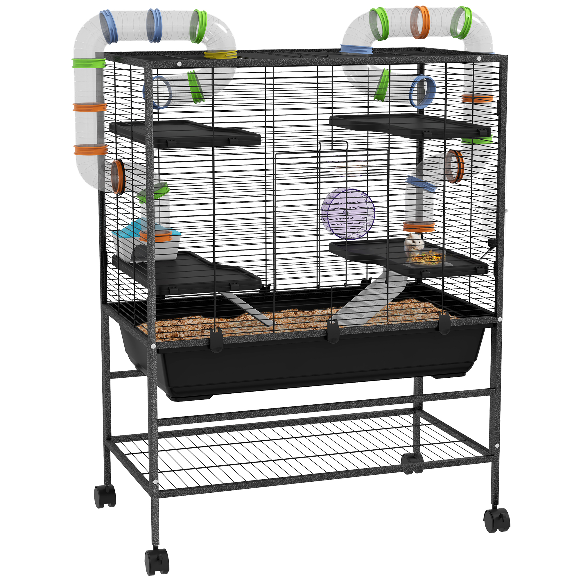 Hamsterkooi met Buizen, Looprad, Huisje, Waterdispenser, 109 x 82 x 46 cm, Zwart