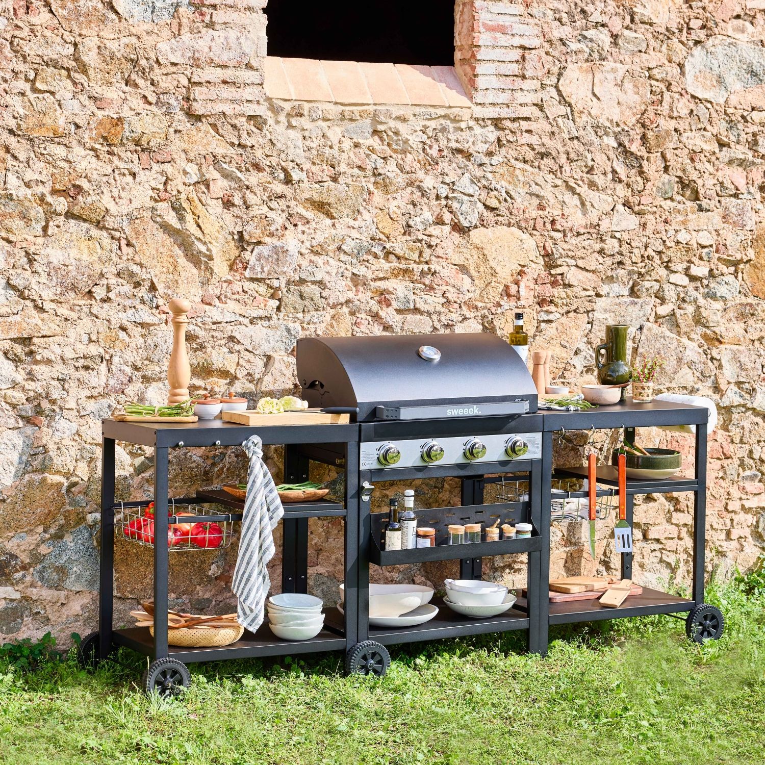 Grill 4-palnikowy, kuchnia zewnętrzna, czarny