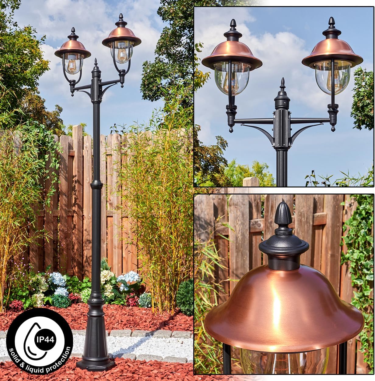 HOFSTEIN Kandelaber Gascon, Außenwegeleuchte aus Metall/Kunststoff in Schwarz/Kupfer/Klar, verstellbare Wegeleuchte im Vintage/Antik/Landhaus-Design für Garten, Außenbereich, Hof, 233cm, 2 x E27, IP44