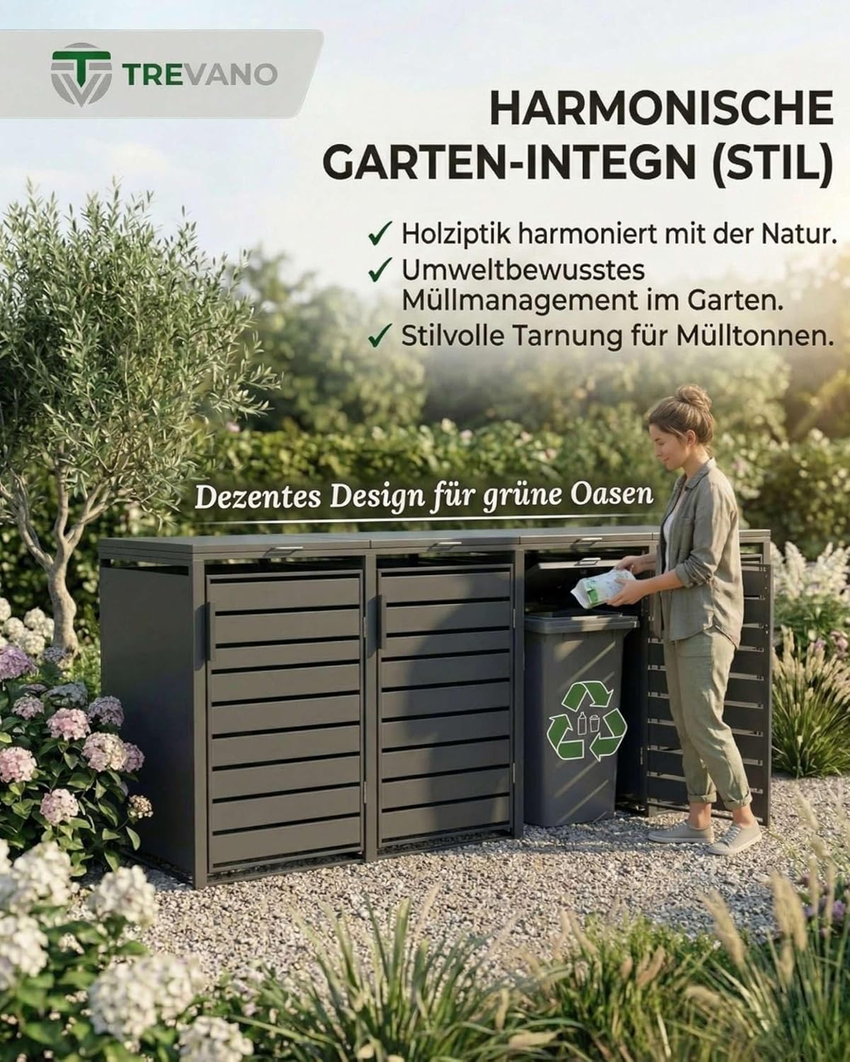 TREVANO Mülltonnenbox 3er 240l - Mülltonnenverkleidung 3 Tonnen Anthrazit - Robustes Mülltonnenhaus aus Stahl - Wetterbeständige Müllboxen für 3 Tonnen - Mülltonnen Unterstand 120l-240l