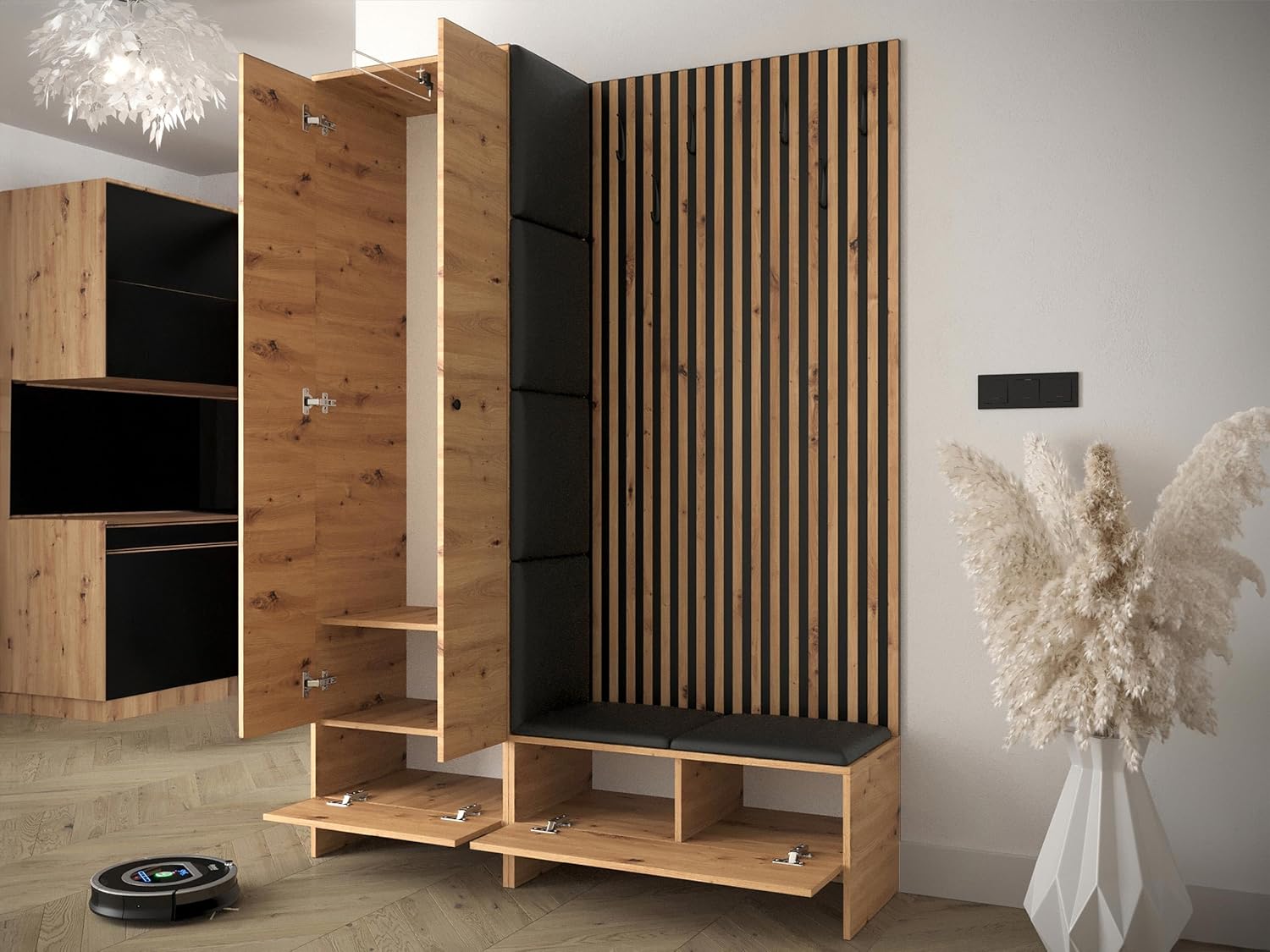 Mirjan24 Garderoben-Set Melire III, Kleiderschrank Schuhschrank Lamellen Paneel mit Kleiderhaken Gepolstertes Paneel/Wandpaneel Kleiderstange Wandgarderobe Flurgarderobe (Eiche Artisan, Manila 02)