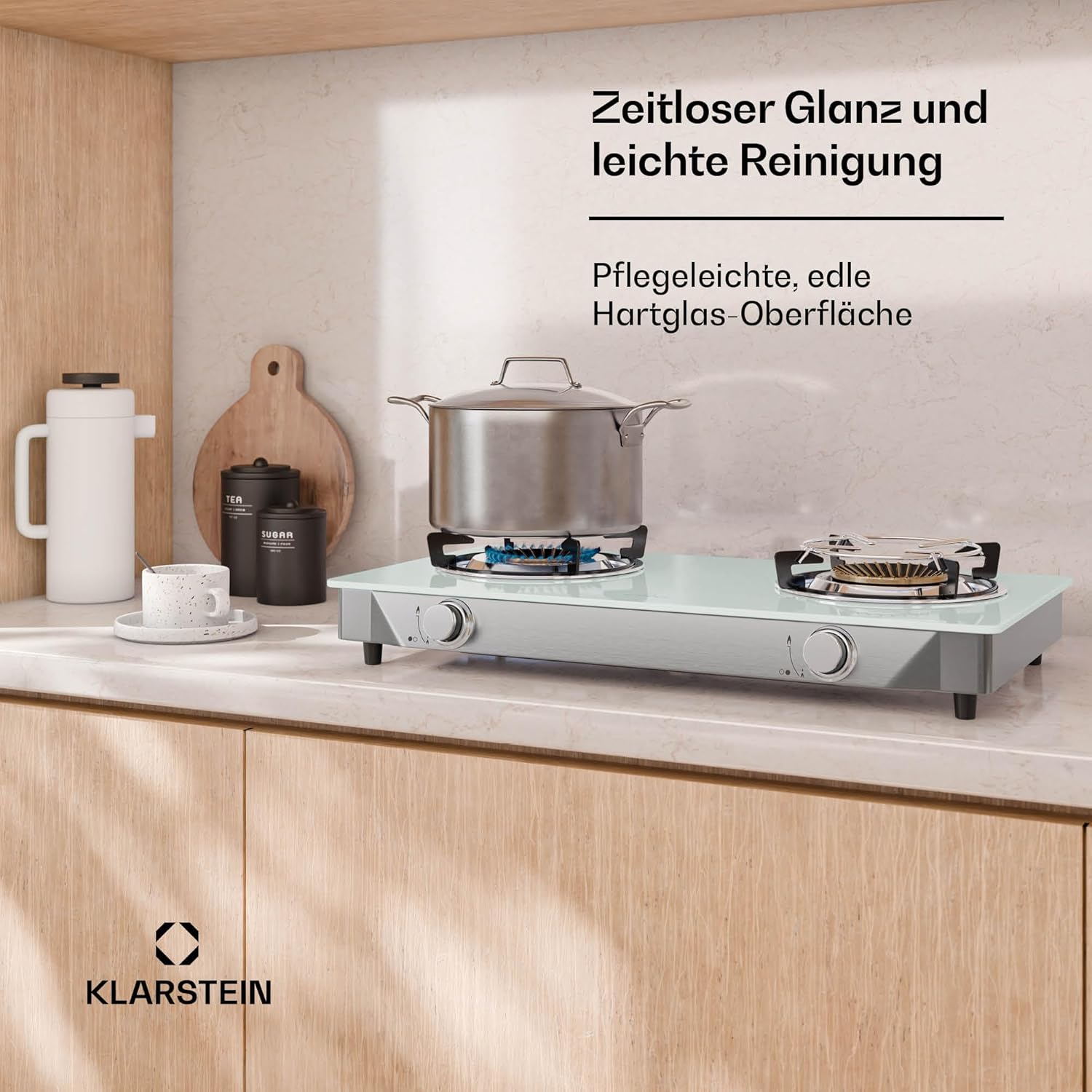 Klarstein Barzona Gaskochfeld, 2-Brenner Edelstahl & Glas, 7,7kW, Tragbarer Campingkocher mit Piezo-Zündung & Flammenausfallsicherung, Kompaktes und Tragbares Design, Weiß