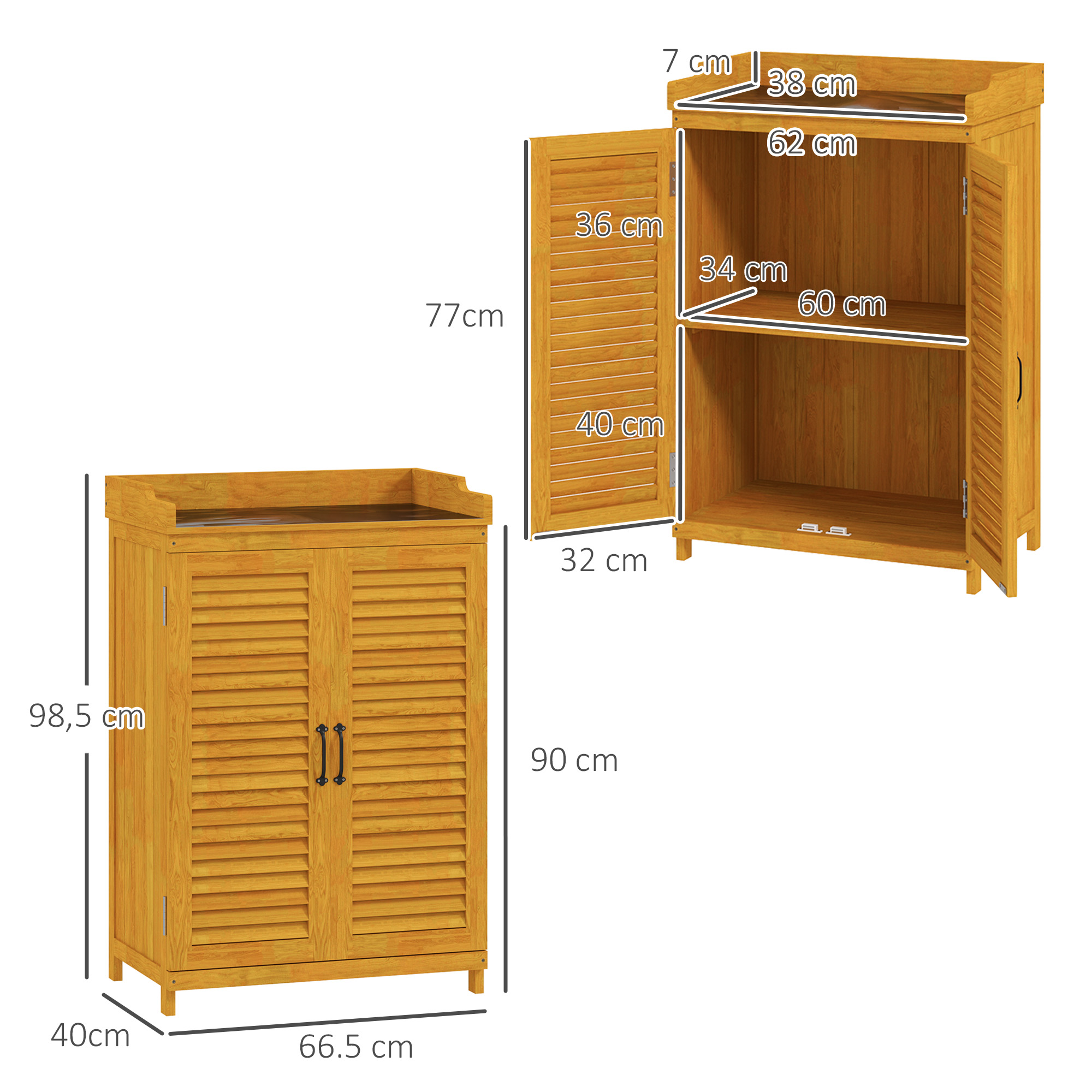 Outsunny Tuinkast van Hout met Werkoppervlak, Weerbestendige Gereedschapskast, 65,5x40x98,5cm Geel