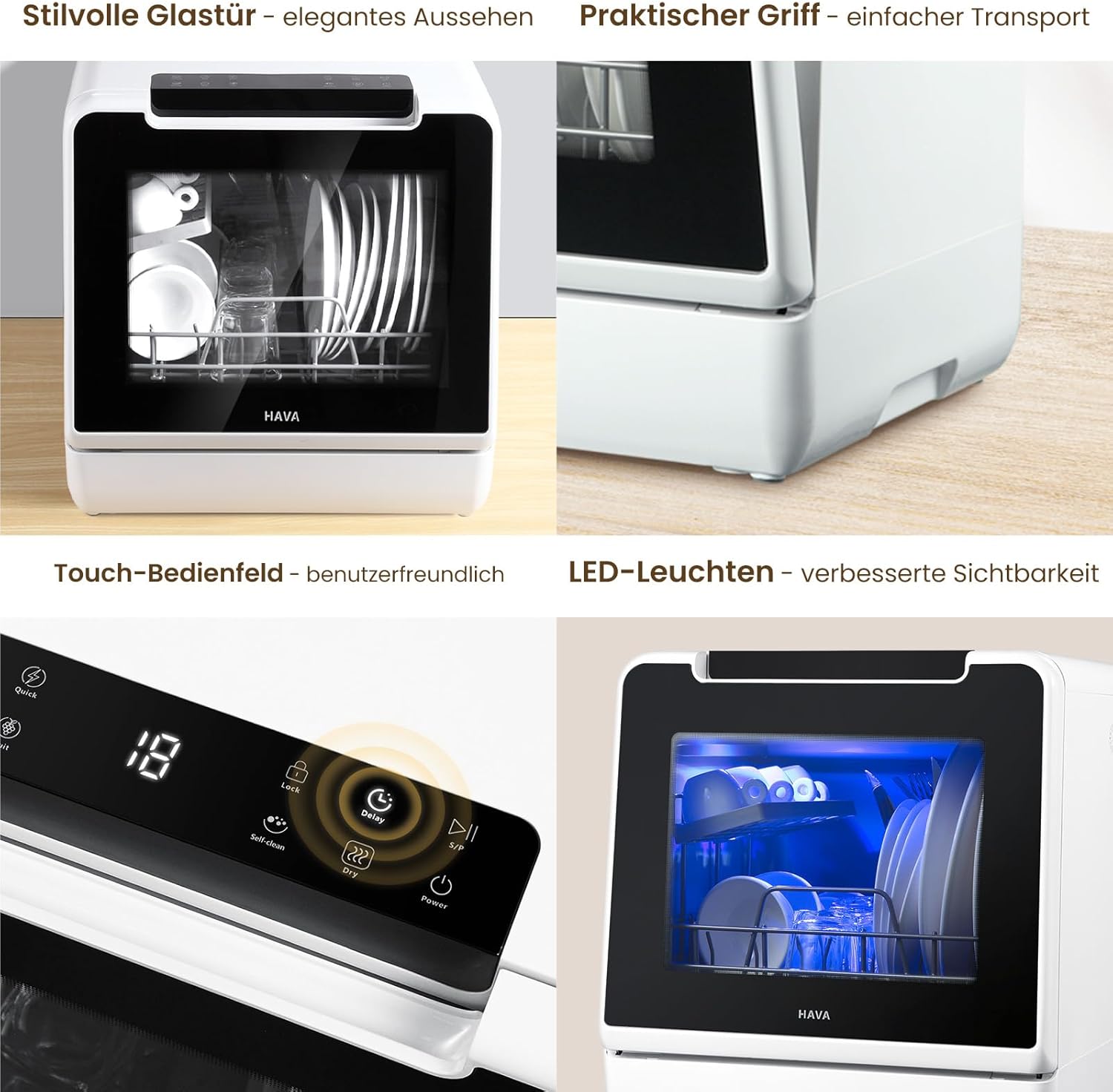HAVA Tischgeschirrspüler, 8 Programme NEUES Modell, mini Spülmaschine mit Kindersicherung & Startverzögerung, 5L Wassertank für Wohnungen, Schlafsäle und Wohnmobile